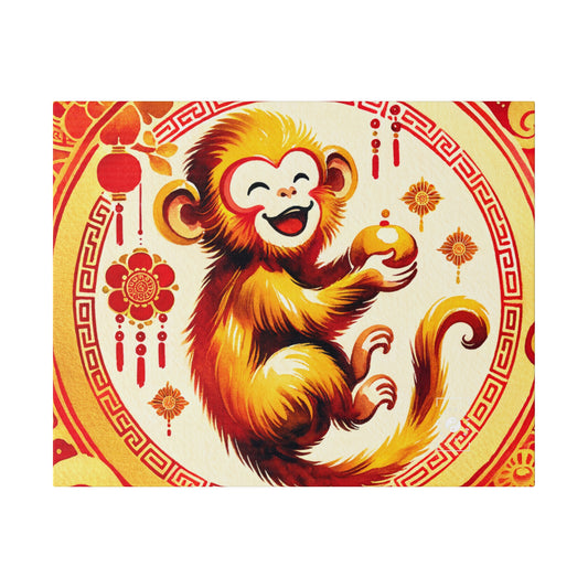 "Golden Simian Serenity in Scarlet Radiance" - Art Print Canvas