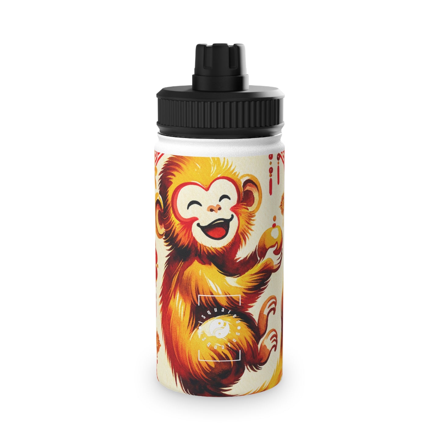 "Golden Simian Serenity in Scarlet Radiance" - Sports Water Bottle