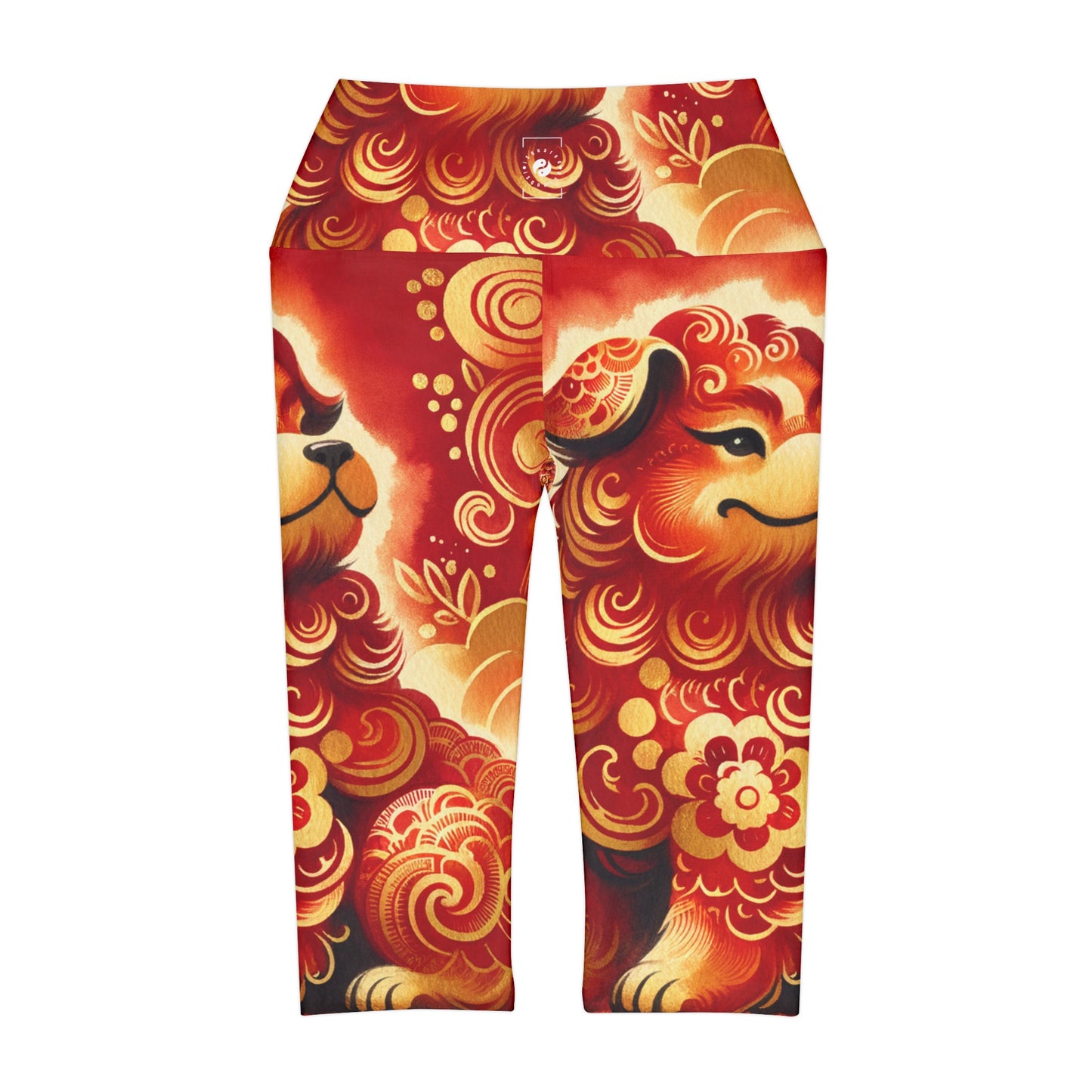 "Golden Canine Emissary on Crimson Tide: A Chinese New Year Odyssey" - High Waisted Capri Leggings