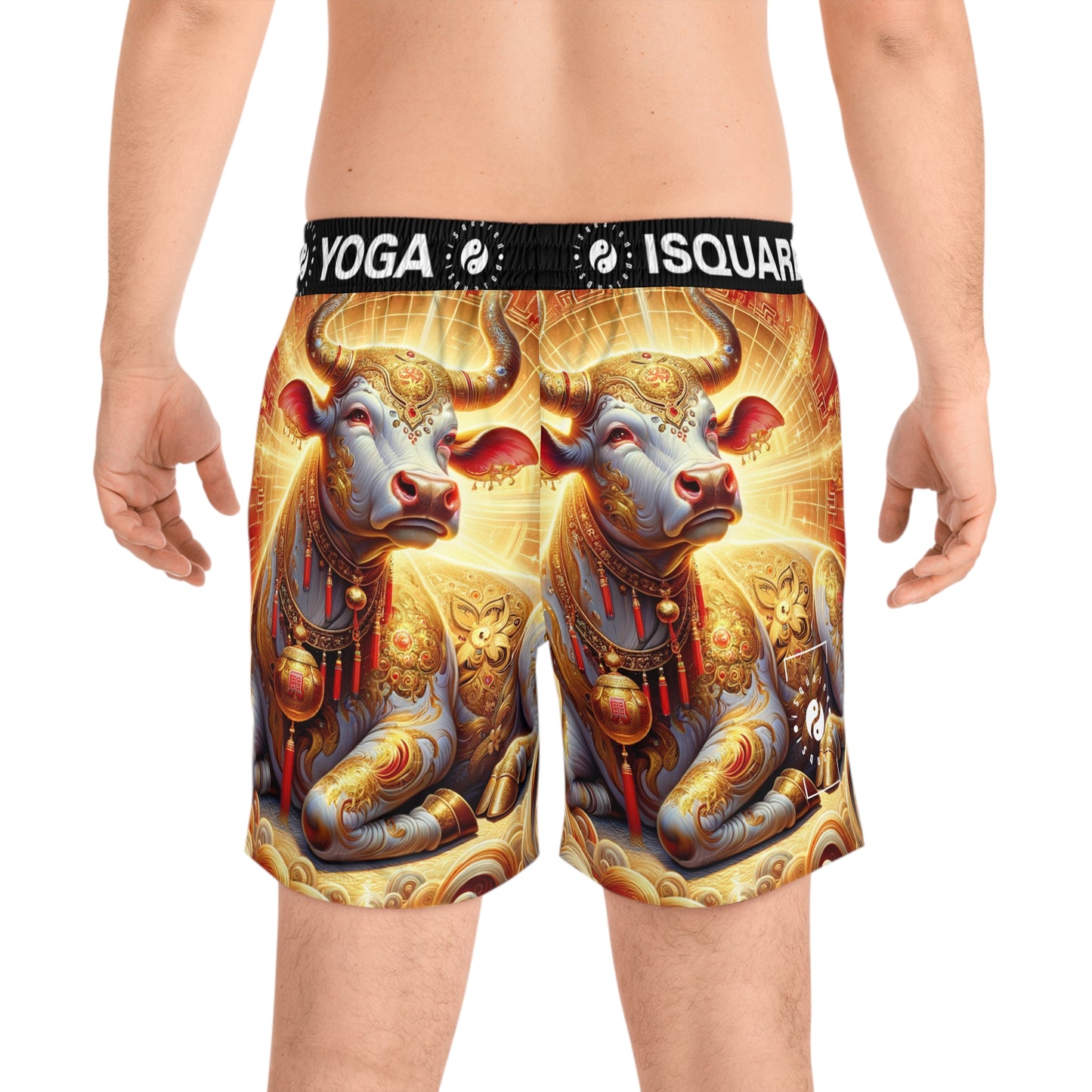 "Golden Euphoria: A Dance of the Divine Bovine" - Swim Shorts (Mid-Length) for Men