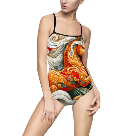 "Gold Gallop on Vermilion Vista: A Lunar New Year’s Ode" - Openback Swimsuit