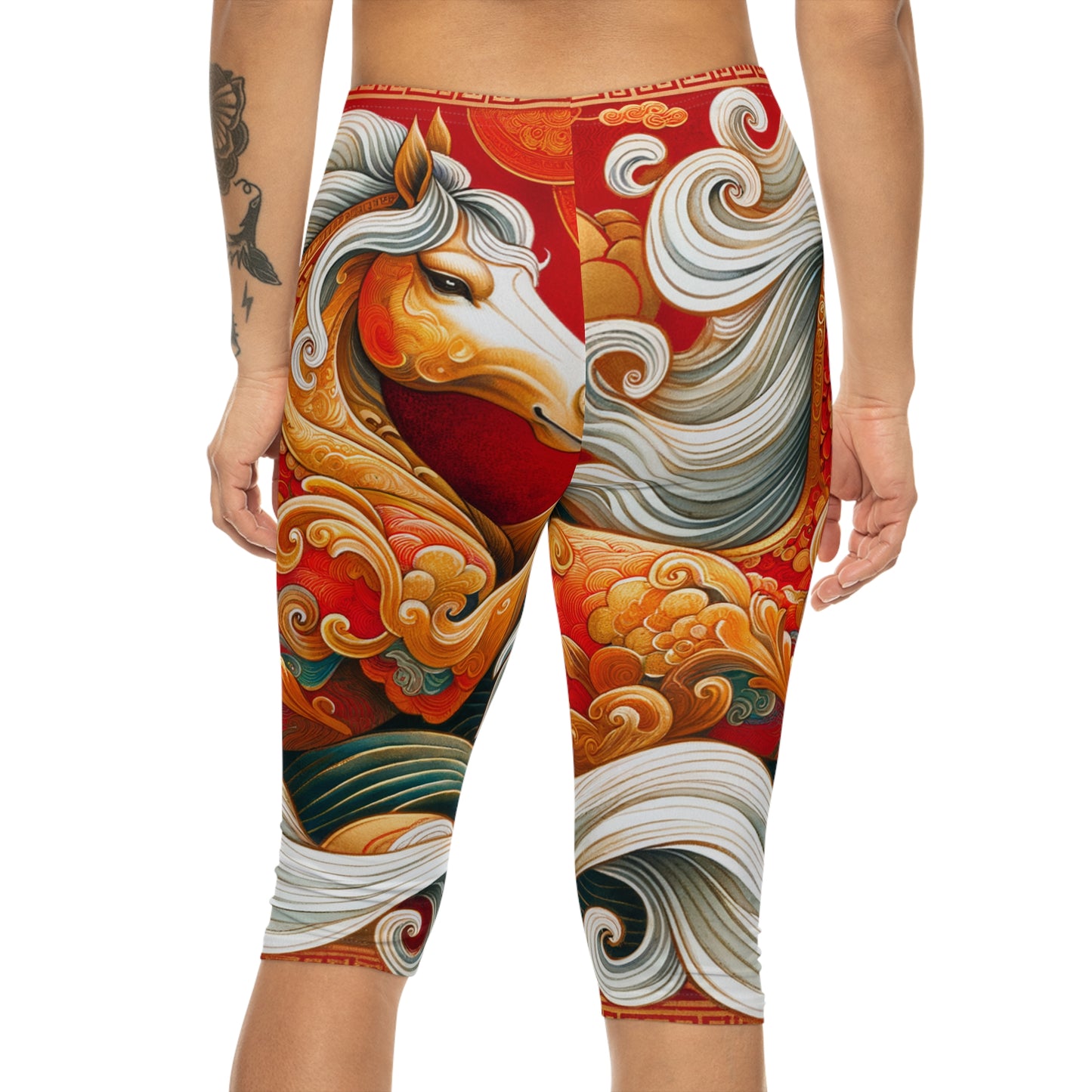 "Gold Gallop on Vermilion Vista: A Lunar New Year’s Ode" - Capri Shorts