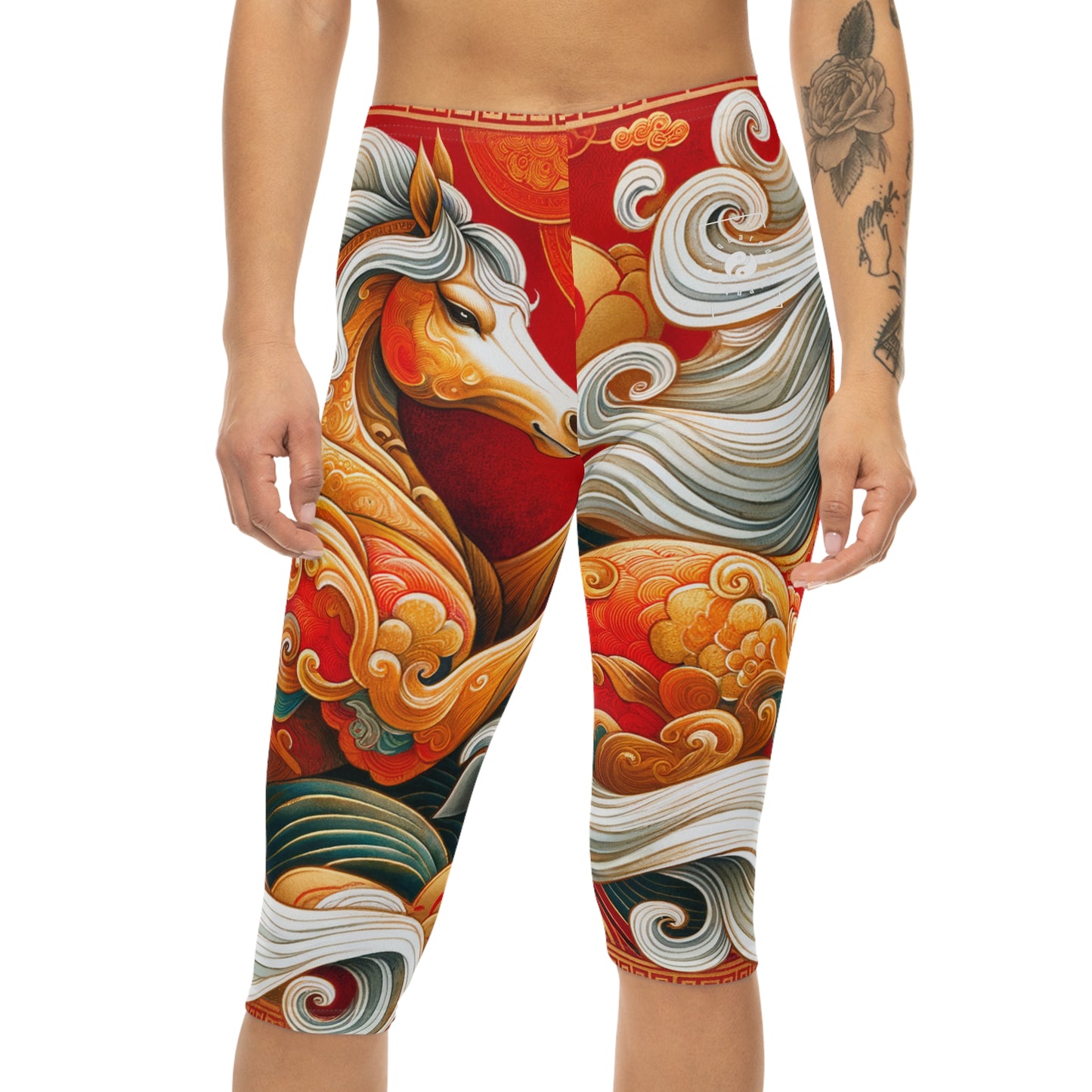 "Gold Gallop on Vermilion Vista: A Lunar New Year’s Ode" - Capri Shorts