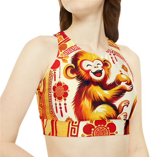 "Golden Simian Serenity in Scarlet Radiance" - High Neck Crop Top