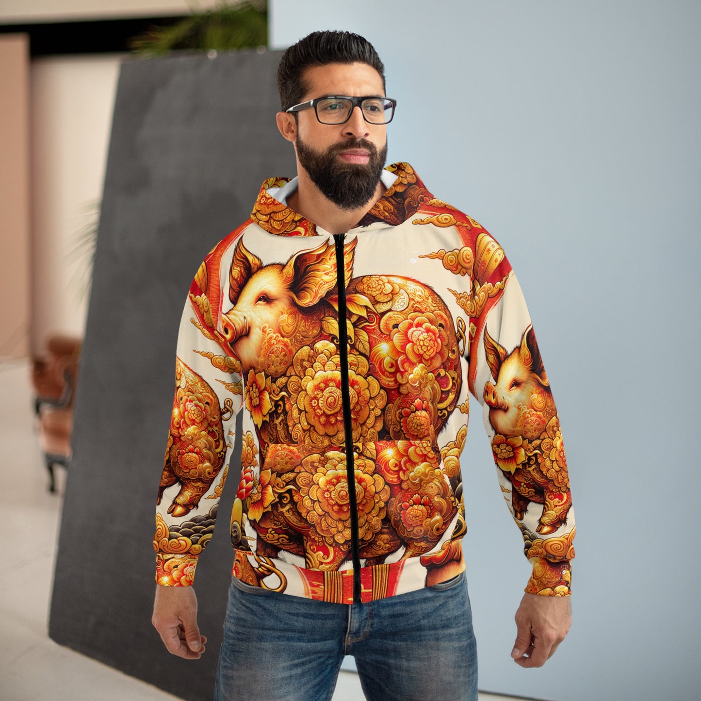 "Golden Prosperity: The Divine Boar Celebration" - Zip Hoodie