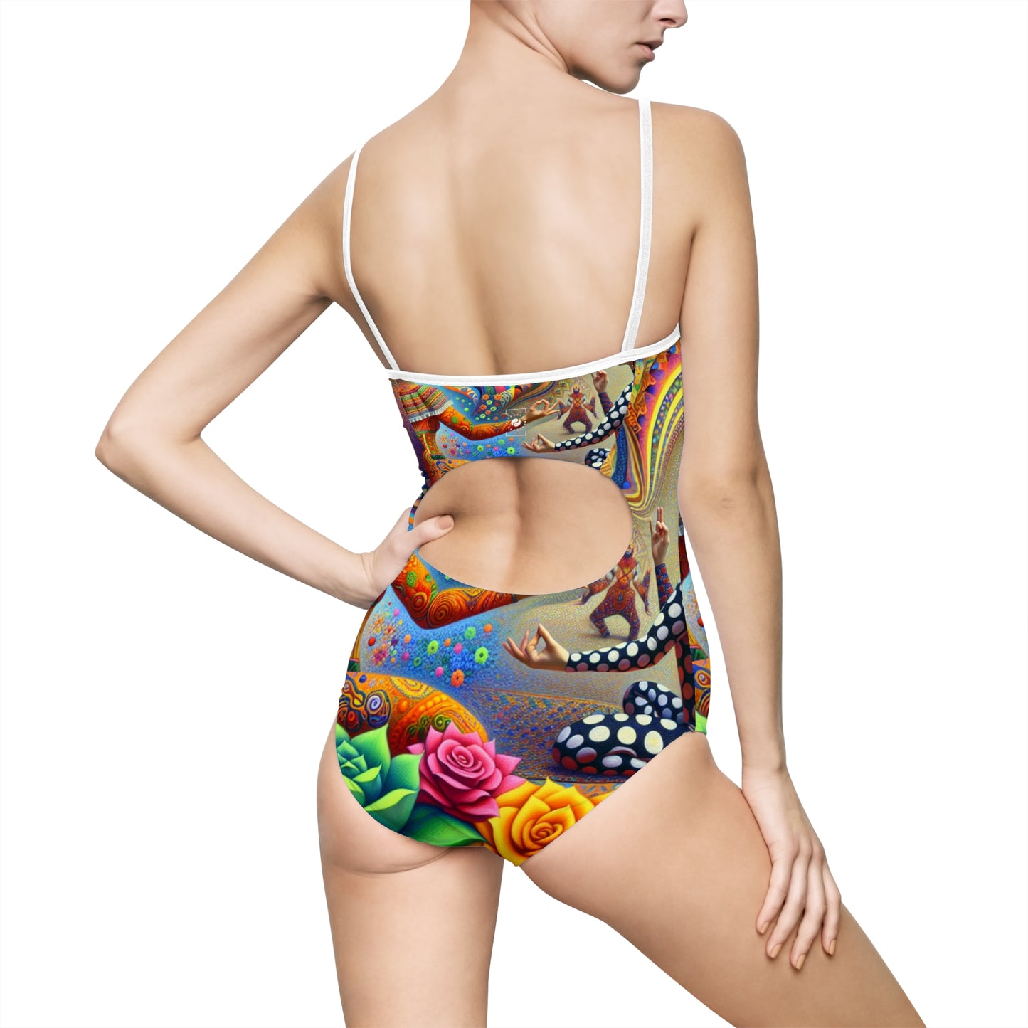 "Kahlo-Kusama Blossom Asanas: A Surreal Yoga Symphony" - Openback Swimsuit