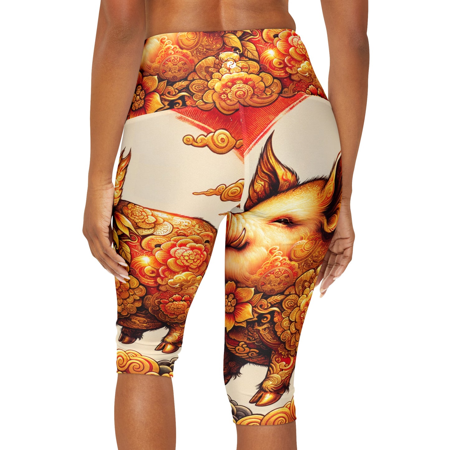 "Golden Prosperity: The Divine Swine Celebration" - High Waisted Capri Leggings