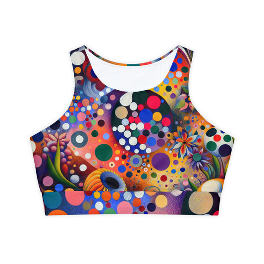 "Polka Petals in Yogic Surrealism: An Artistic Salute to Kusama and Kahlo" - Lined & Padded Sports Bra