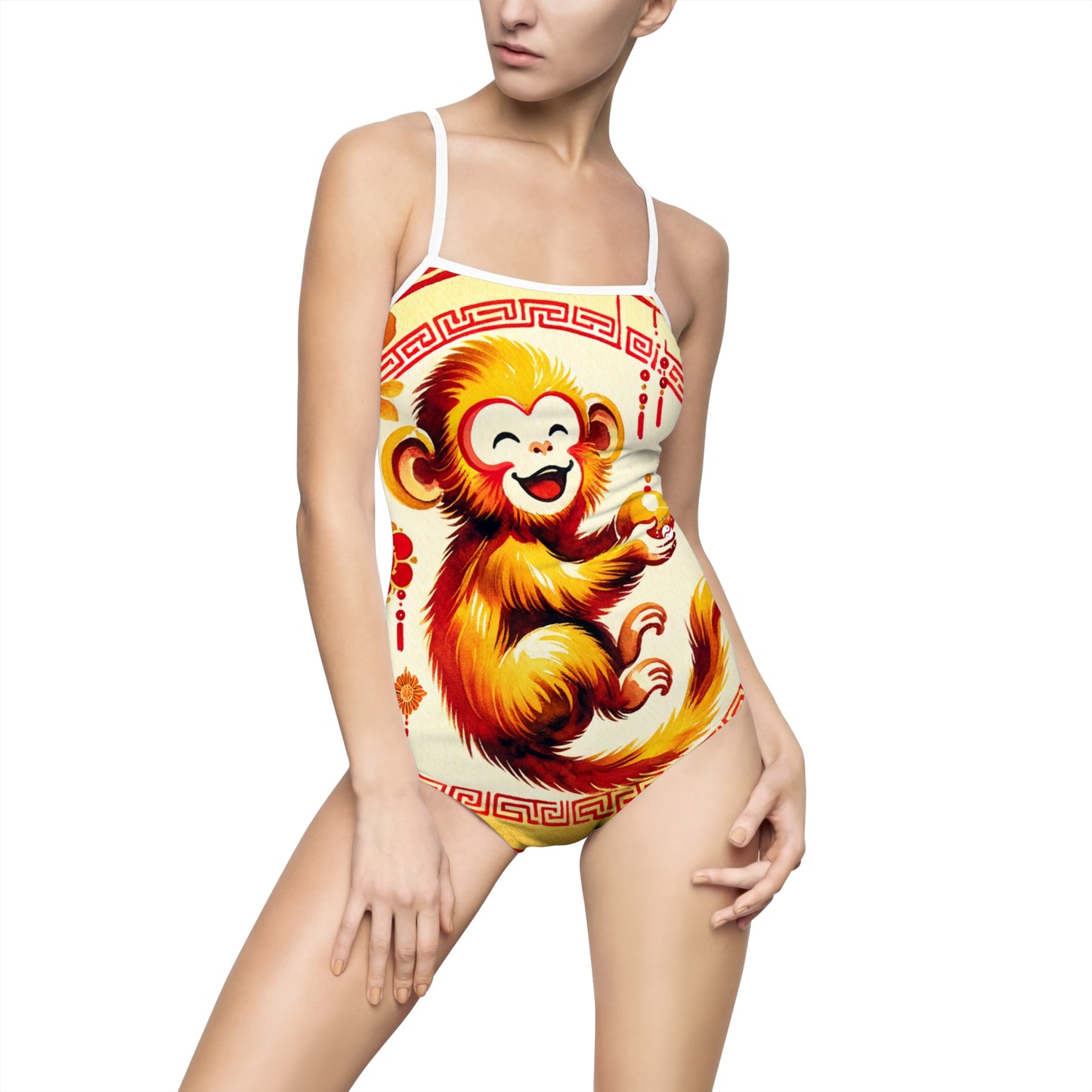 "Golden Simian Serenity in Scarlet Radiance" - Openback Swimsuit