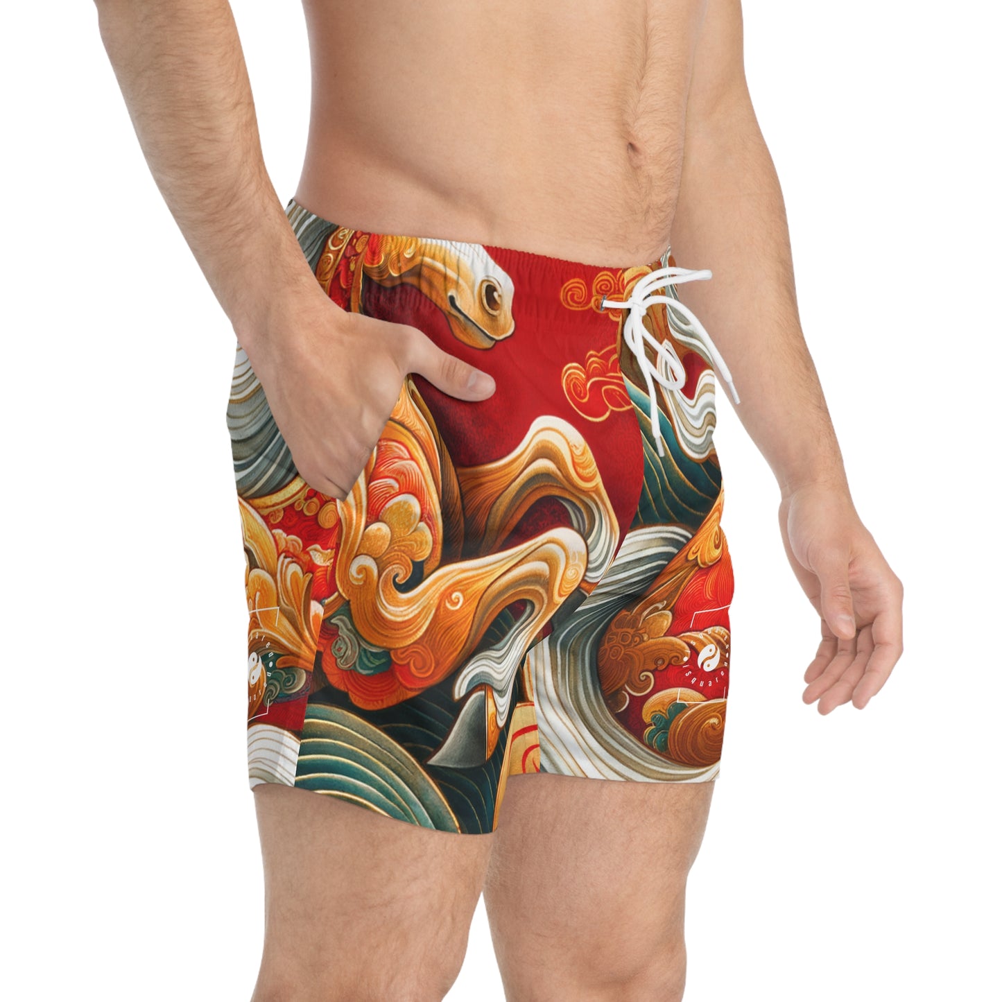 "Gold Gallop on Vermilion Vista: A Lunar New Year’s Ode" - Swim Trunks for Men