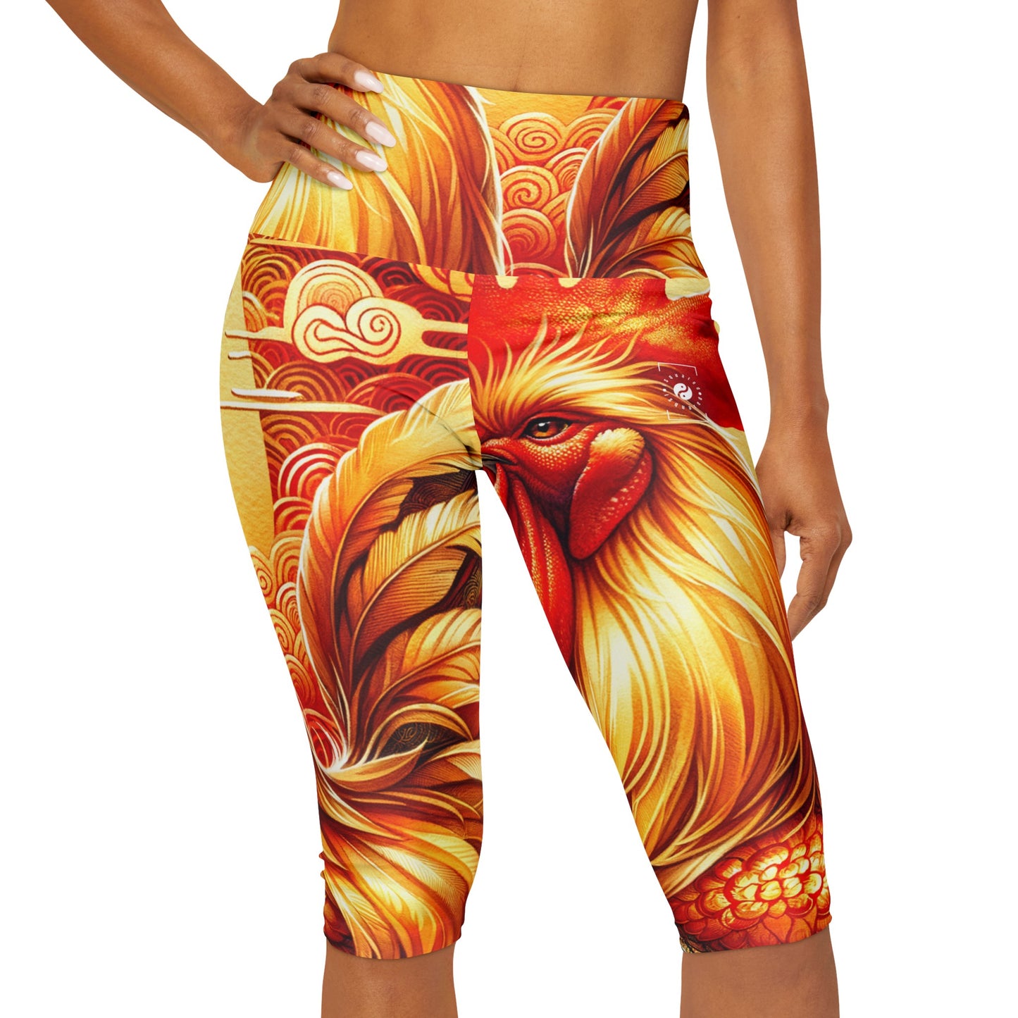 "Crimson Dawn: The Golden Rooster's Rebirth" - High Waisted Capri Leggings