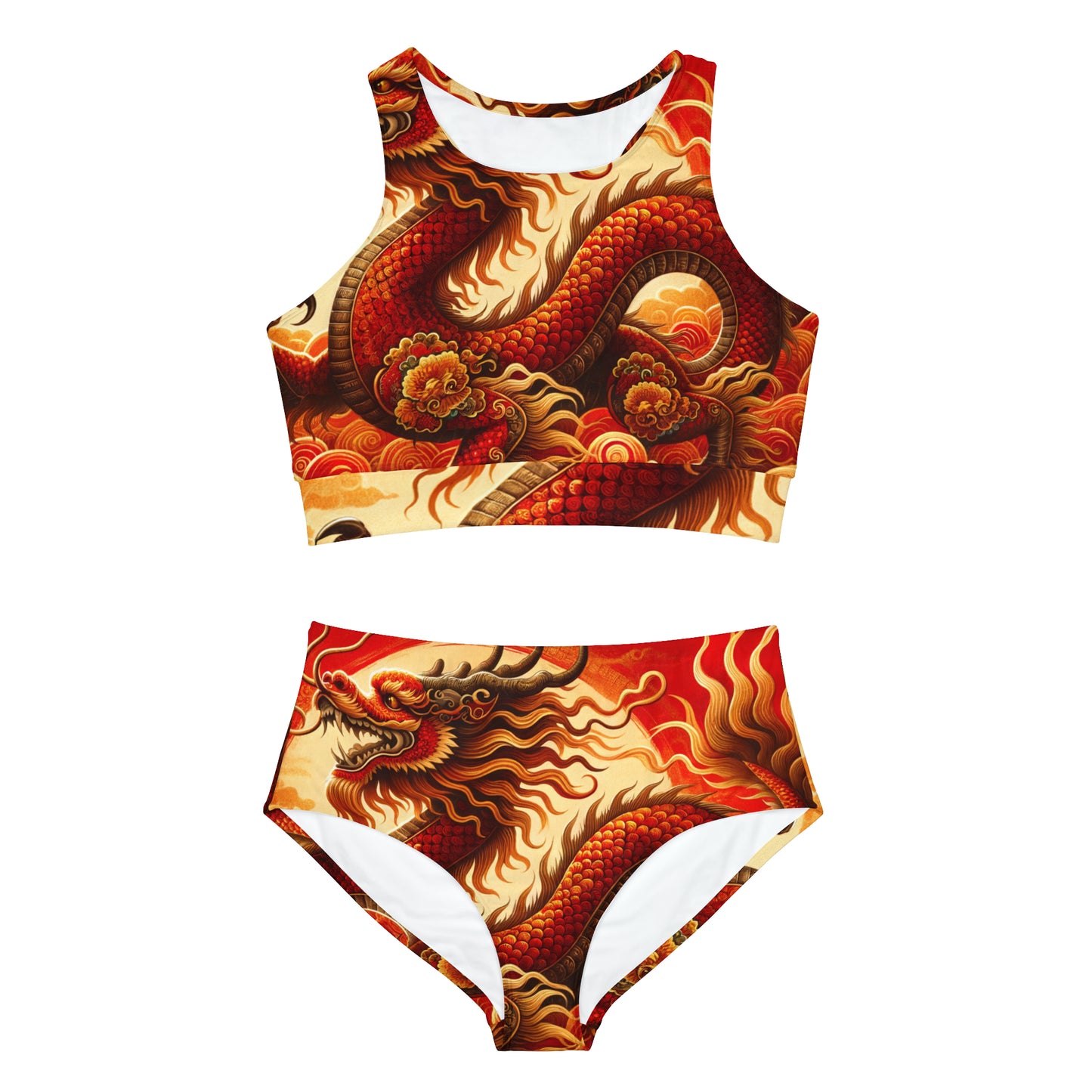 "Golden Dragon Dance in the Crimson Twilight" - Hot Yoga Bikini Set