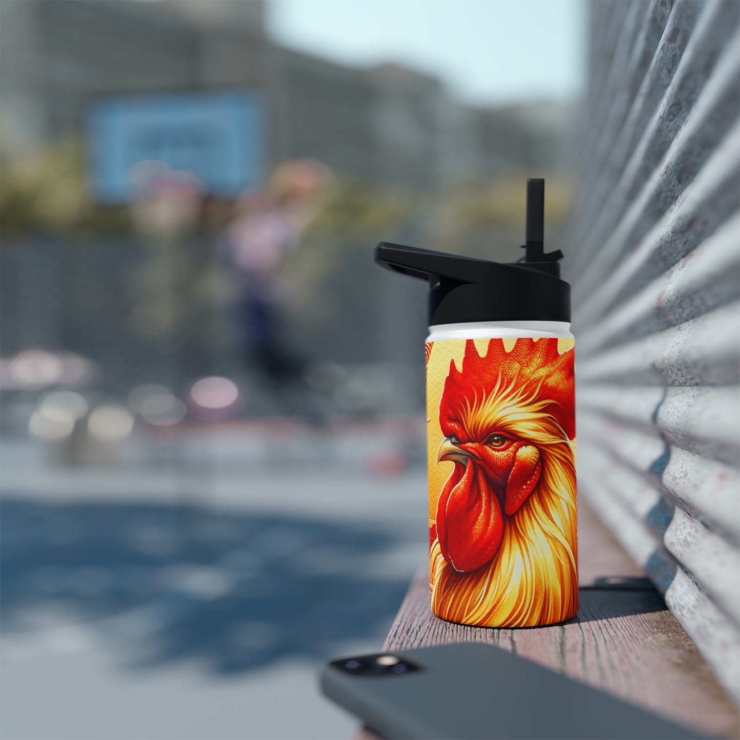 "Crimson Dawn: The Golden Rooster's Rebirth" - Water Bottle