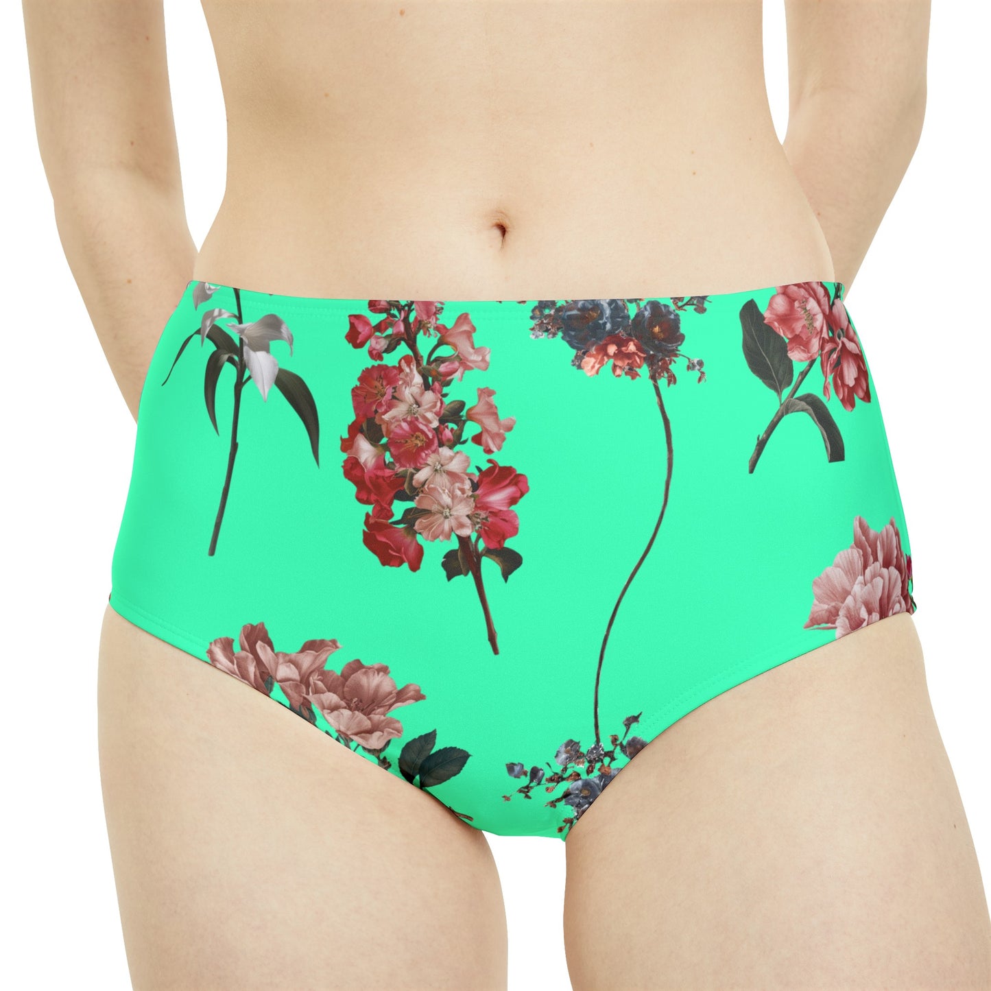 Botanicals on Turquoise - High Waisted Bikini Bottom