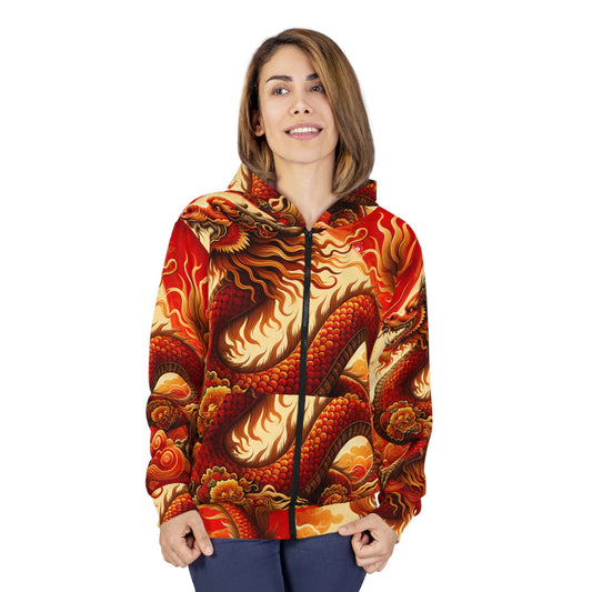 "Golden Dragon Dance in the Crimson Twilight" - Zip Hoodie