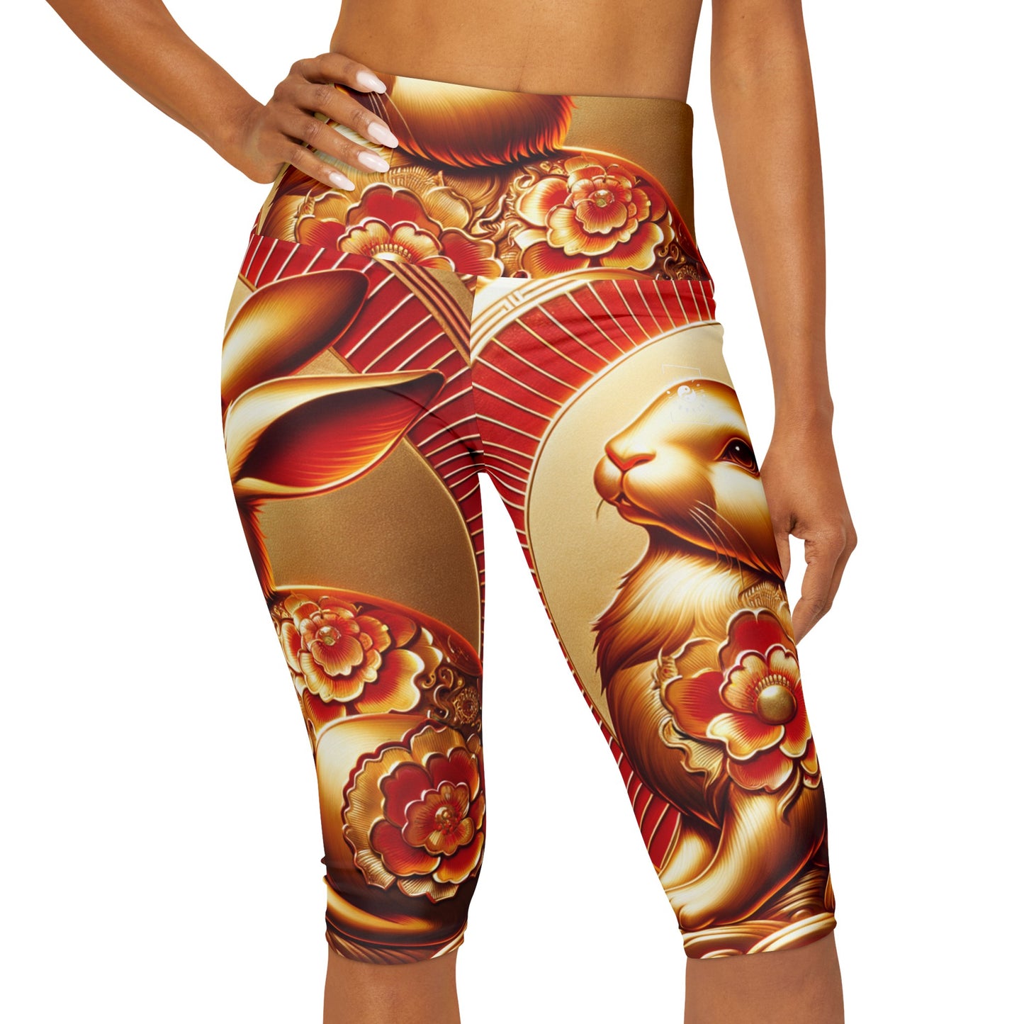 "Golden Blessings: Lunar Rabbit's Resplendence" - High Waisted Capri Leggings