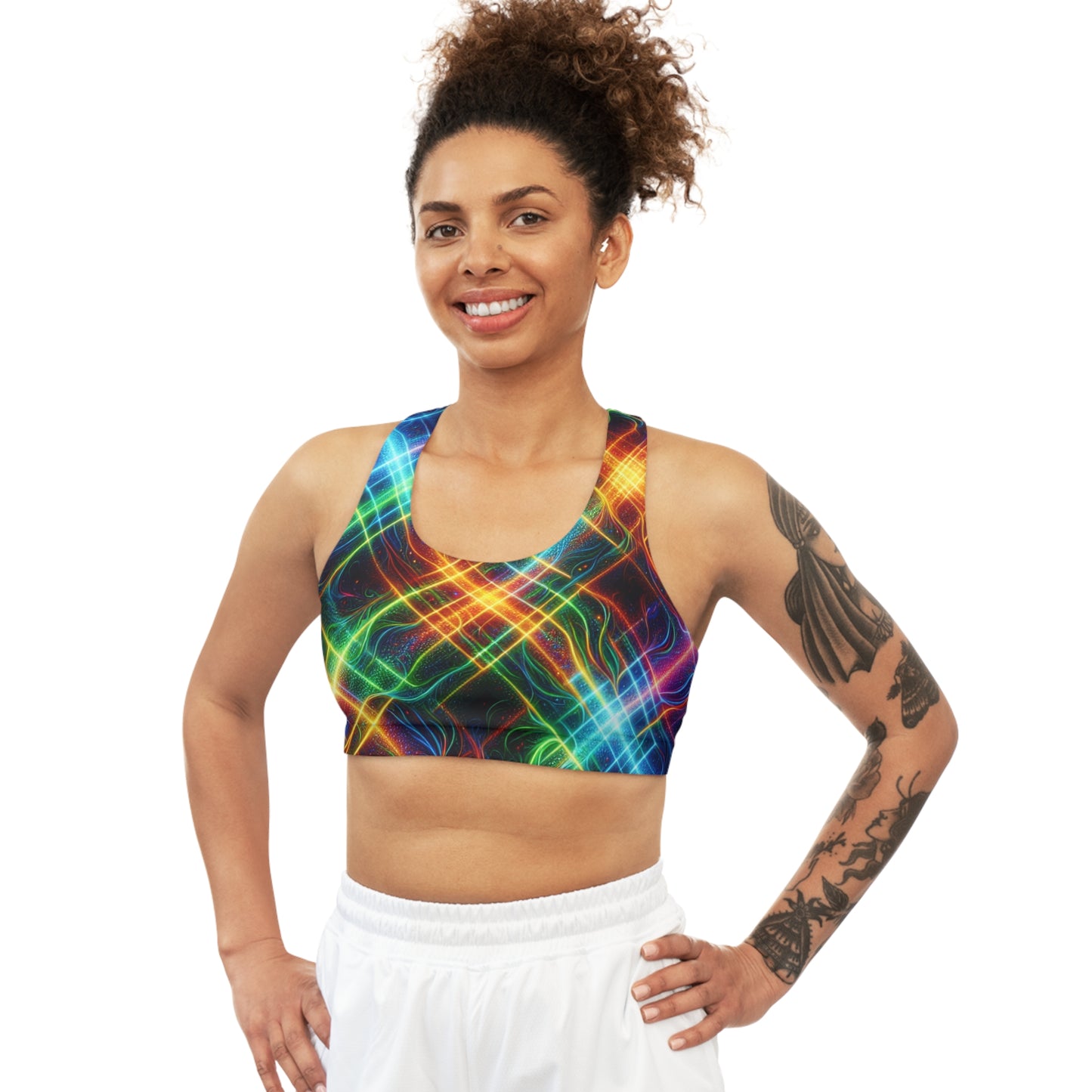 "Neon Plaid Luminosity Matrix" - Seamless Sports Bra