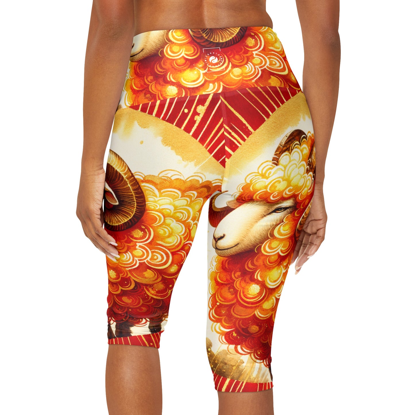 "Auspicious Gold of Divine Ewe: A Lunar New Year Revelry" - High Waisted Capri Leggings