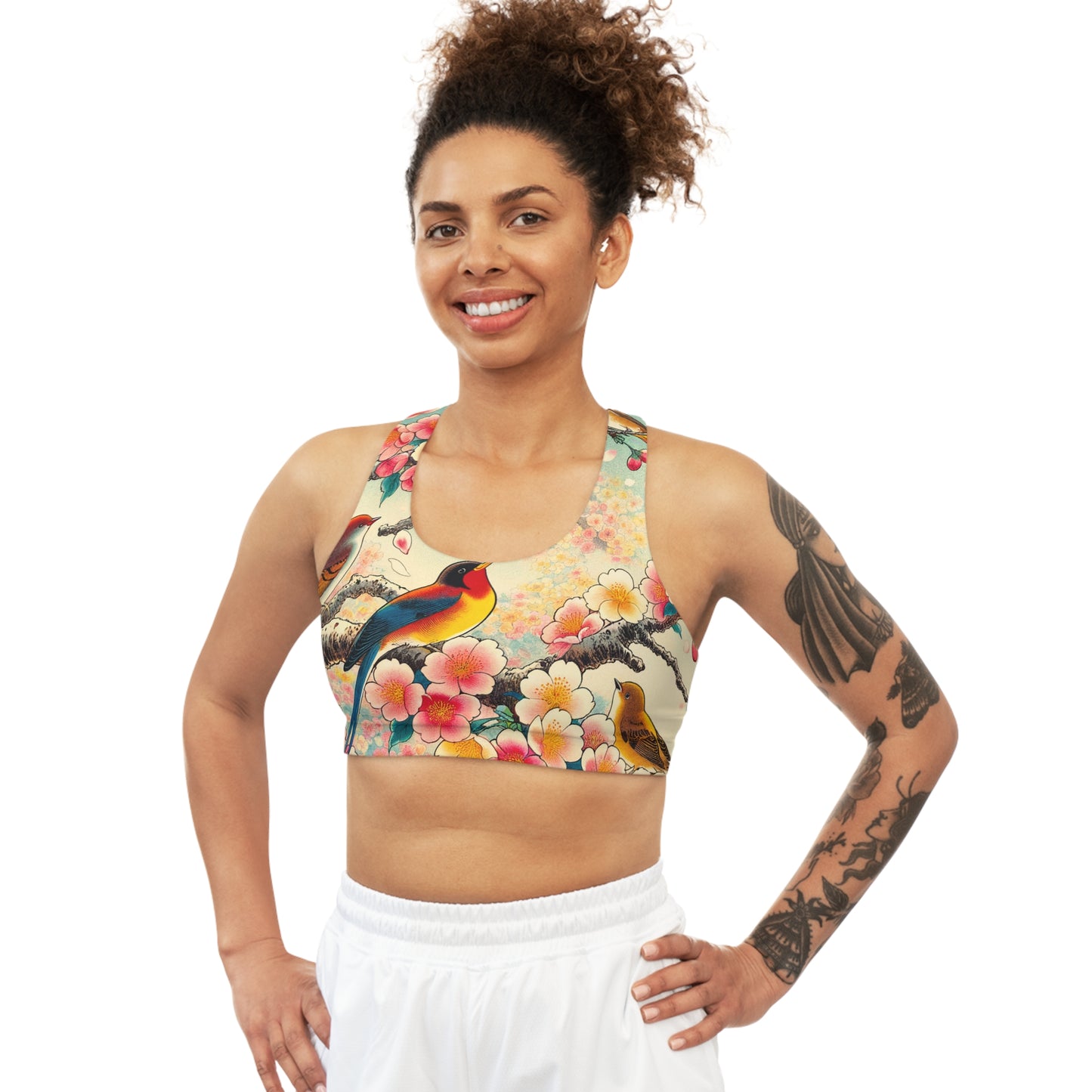 "Verdant Whispers: Sakura Chirping" - Seamless Sports Bra