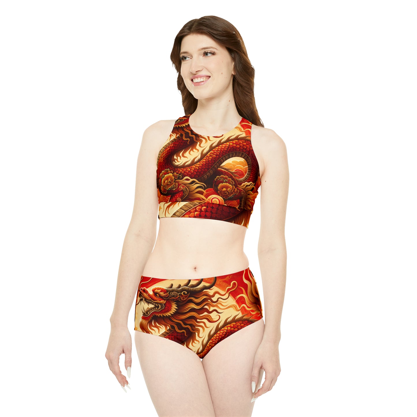 "Golden Dragon Dance in the Crimson Twilight" - Hot Yoga Bikini Set