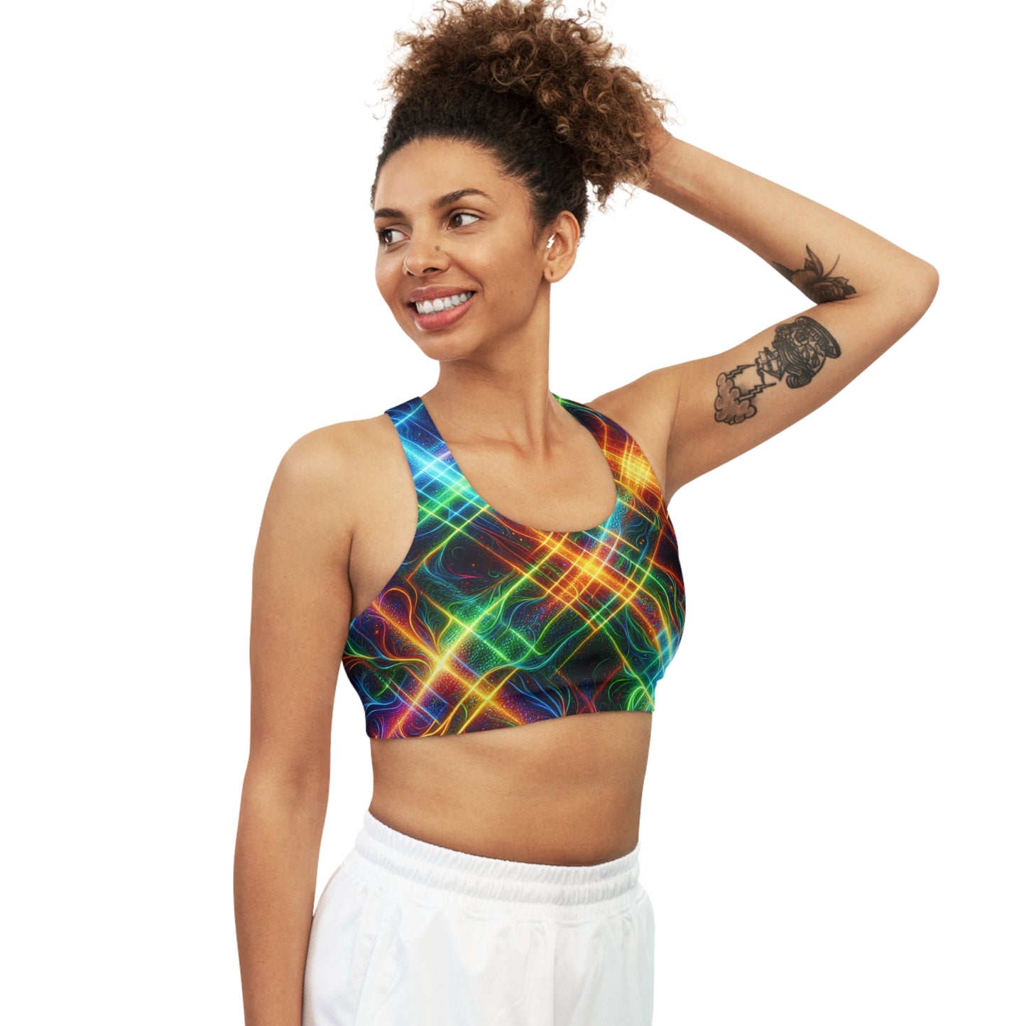 "Neon Plaid Luminosity Matrix" - Seamless Sports Bra