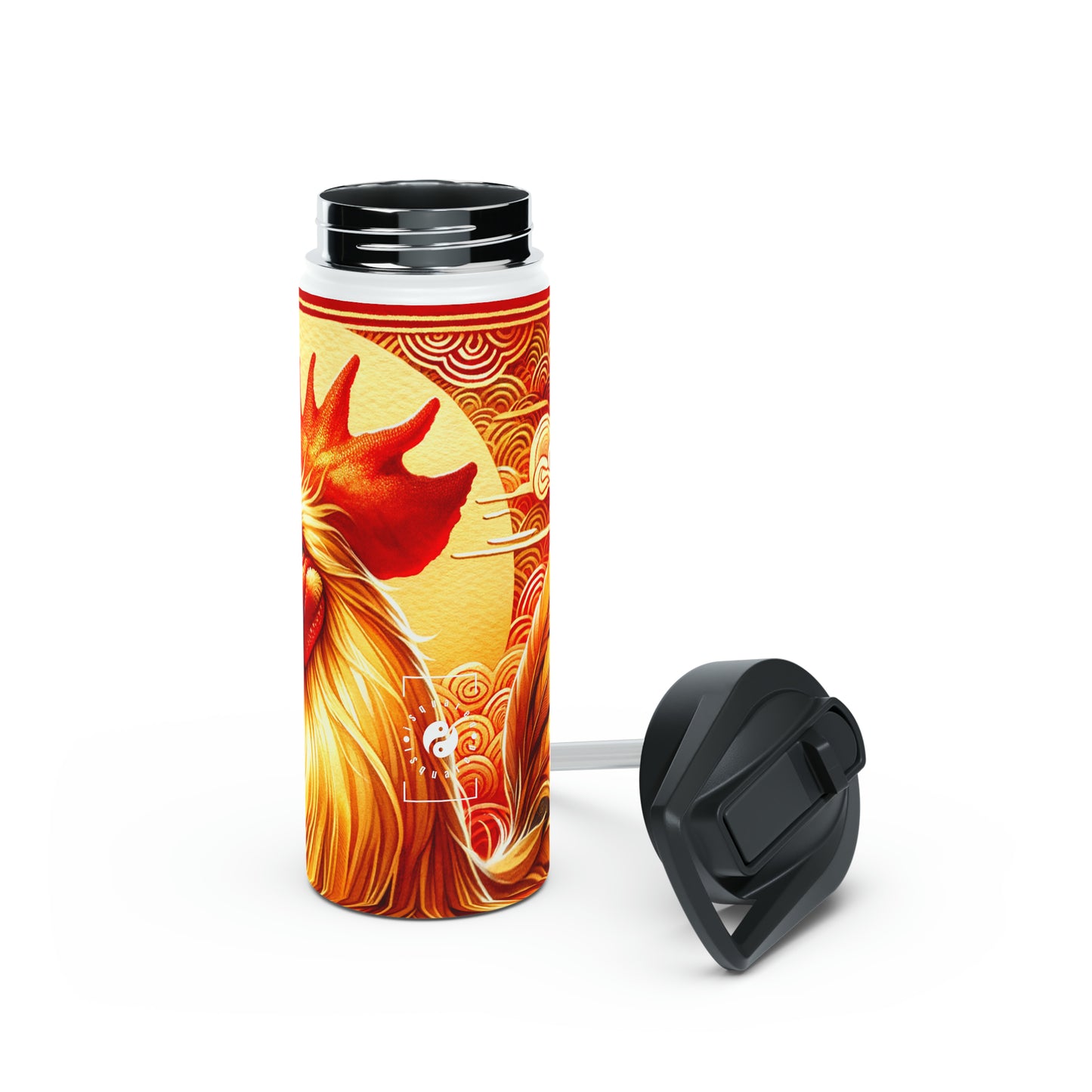 "Crimson Dawn: The Golden Rooster's Rebirth" - Water Bottle