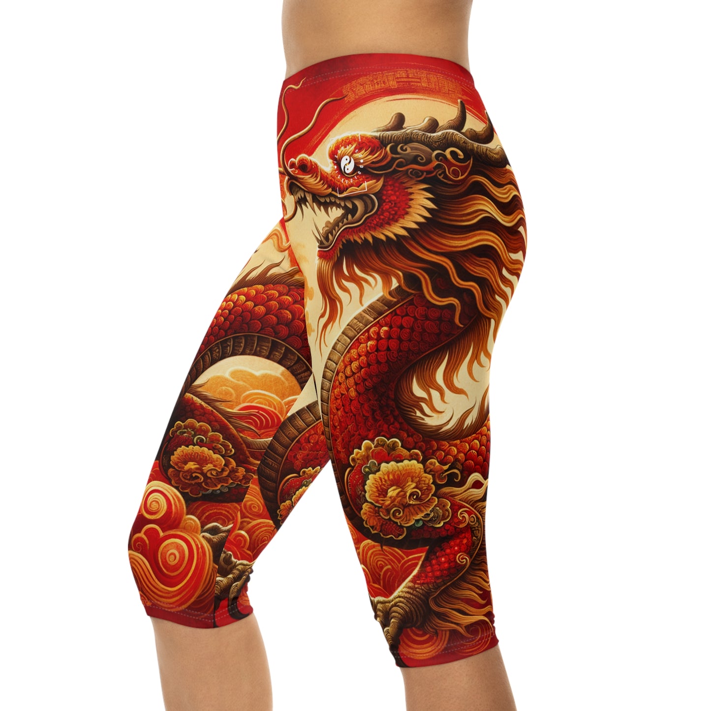 "Golden Dragon Dance in the Crimson Twilight" - Capri Shorts