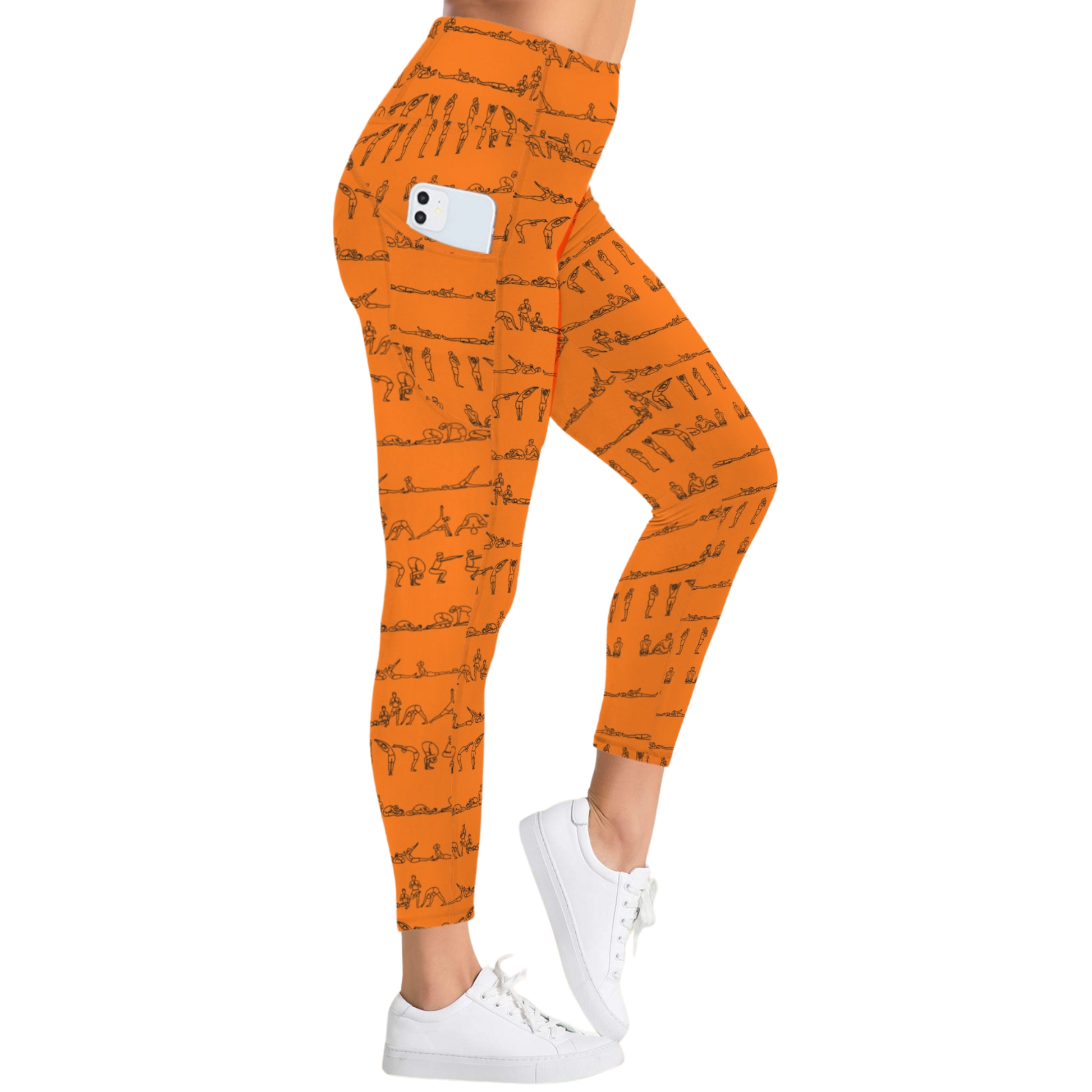 Bright orange leggings featuring black yoga pose illustrations, high-rise waistband, and side pocket for storage.