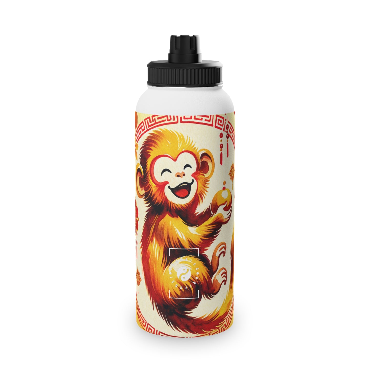 "Golden Simian Serenity in Scarlet Radiance" - Sports Water Bottle