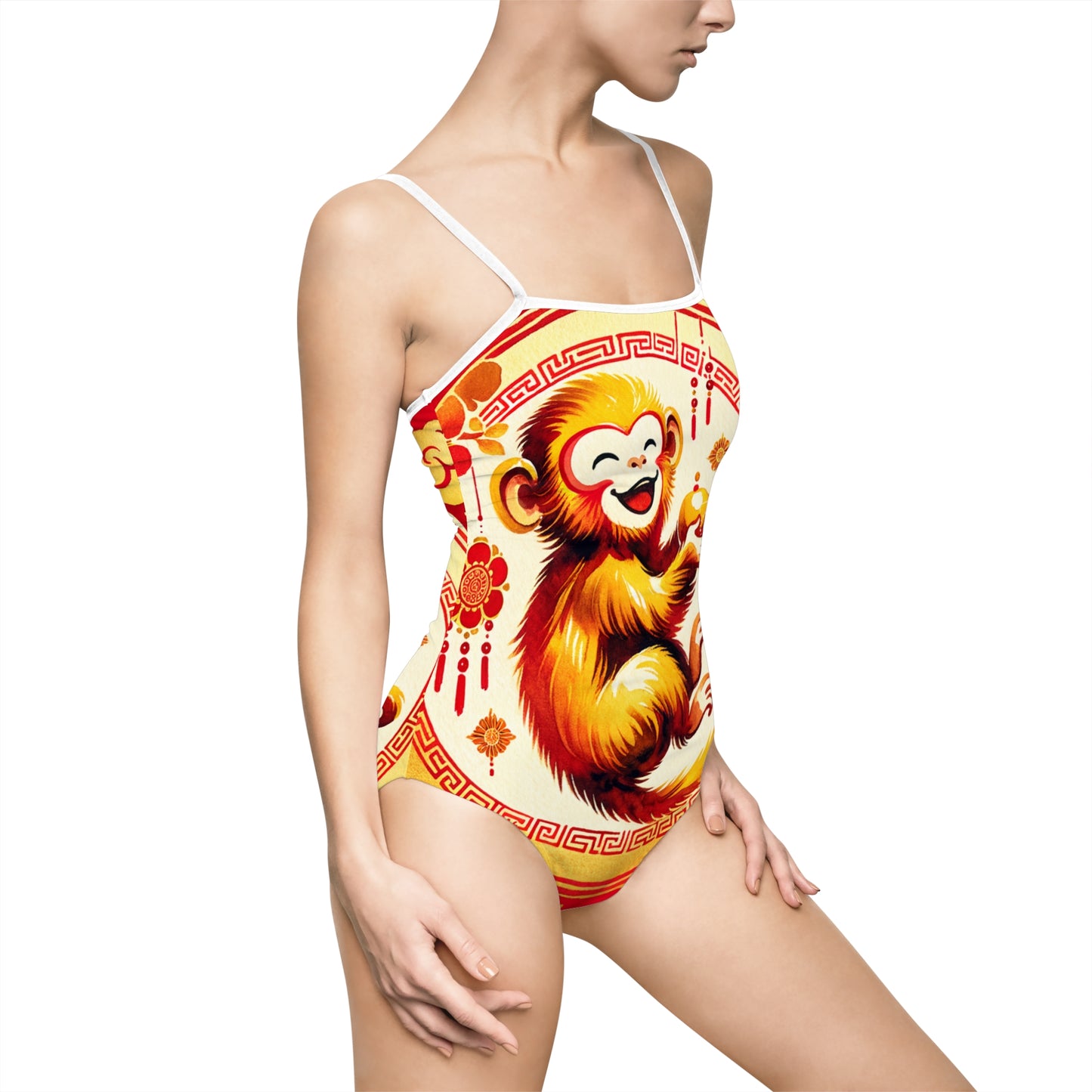 "Golden Simian Serenity in Scarlet Radiance" - Openback Swimsuit