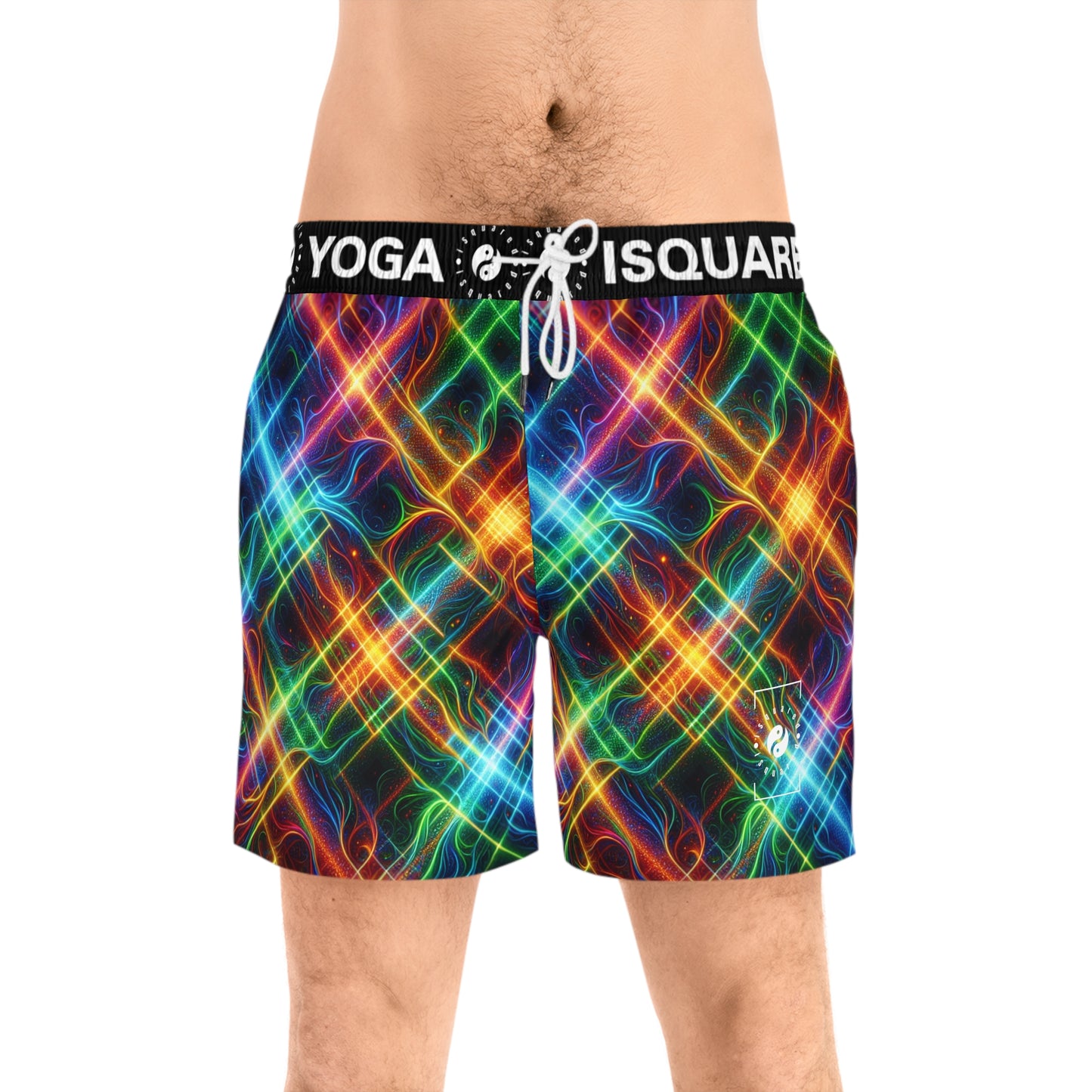 "Neon Plaid Luminosity Matrix" - Swim Shorts (Mid-Length) for Men