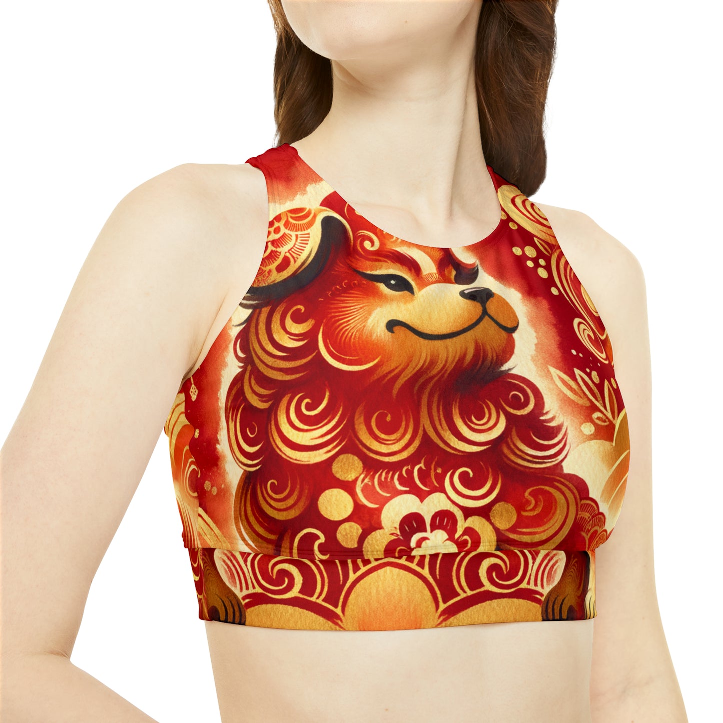 "Golden Canine Emissary on Crimson Tide: A Chinese New Year Odyssey" - High Neck Crop Top