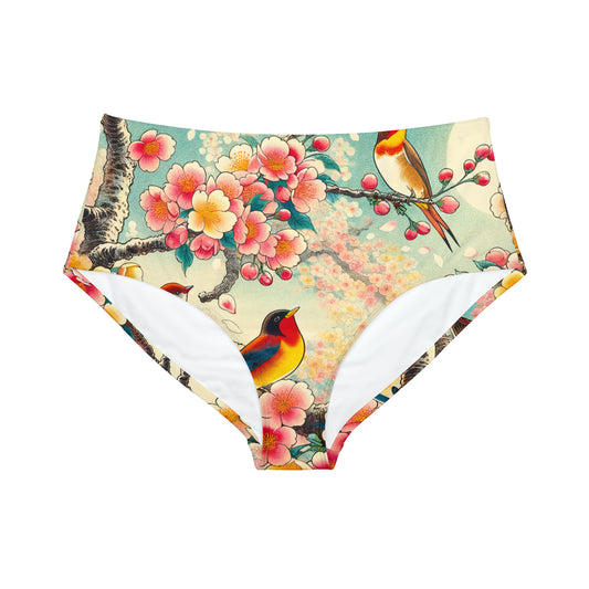 "Verdant Whispers: Sakura Chirping" - High Waisted Bikini Bottom