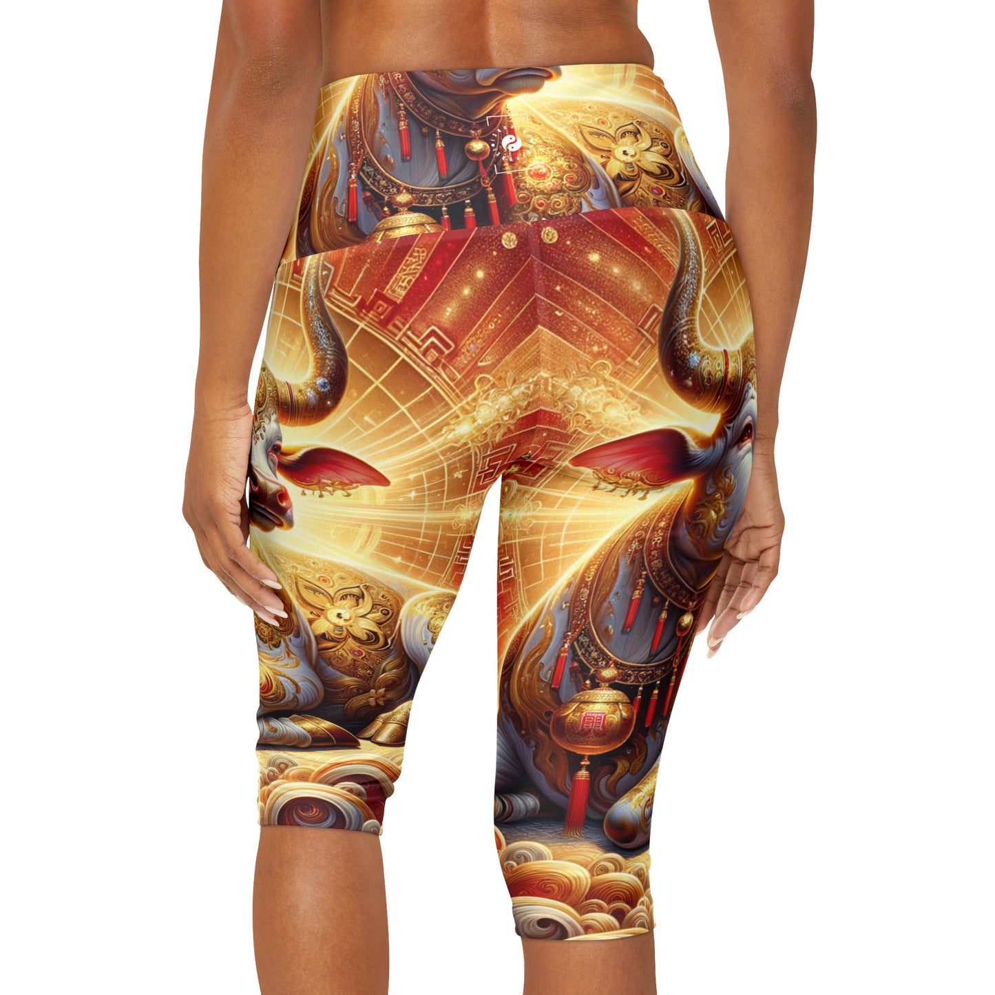 "Golden Euphoria: A Dance of the Divine Bovine" - High Waisted Capri Leggings