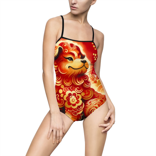 "Golden Canine Emissary on Crimson Tide: A Chinese New Year Odyssey" - Openback Swimsuit