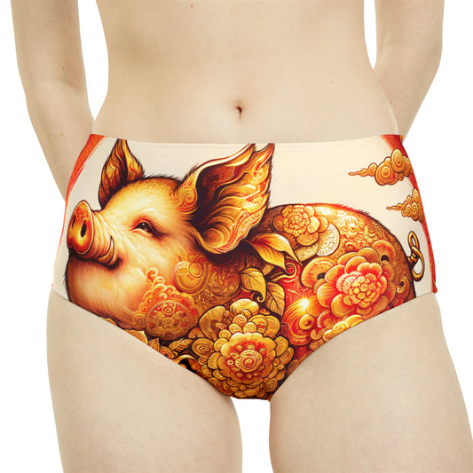 "Golden Prosperity: The Divine Boar Celebration" - High Waisted Bikini Bottom