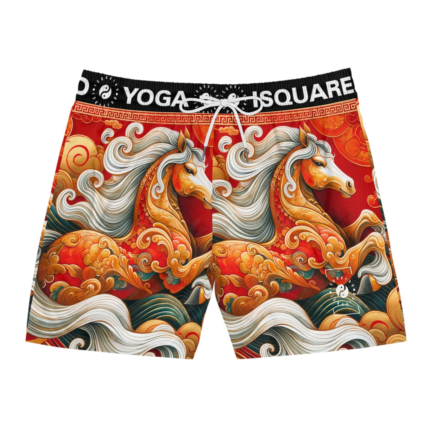 "Gold Gallop on Vermilion Vista: A Lunar New Year’s Ode" - Swim Shorts (Mid-Length) for Men