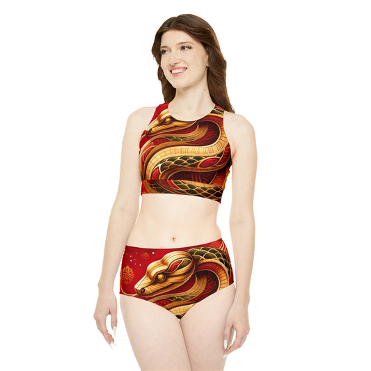 "Crimson Serenity : Le serpent d'or" - Ensemble de bikini de yoga chaud