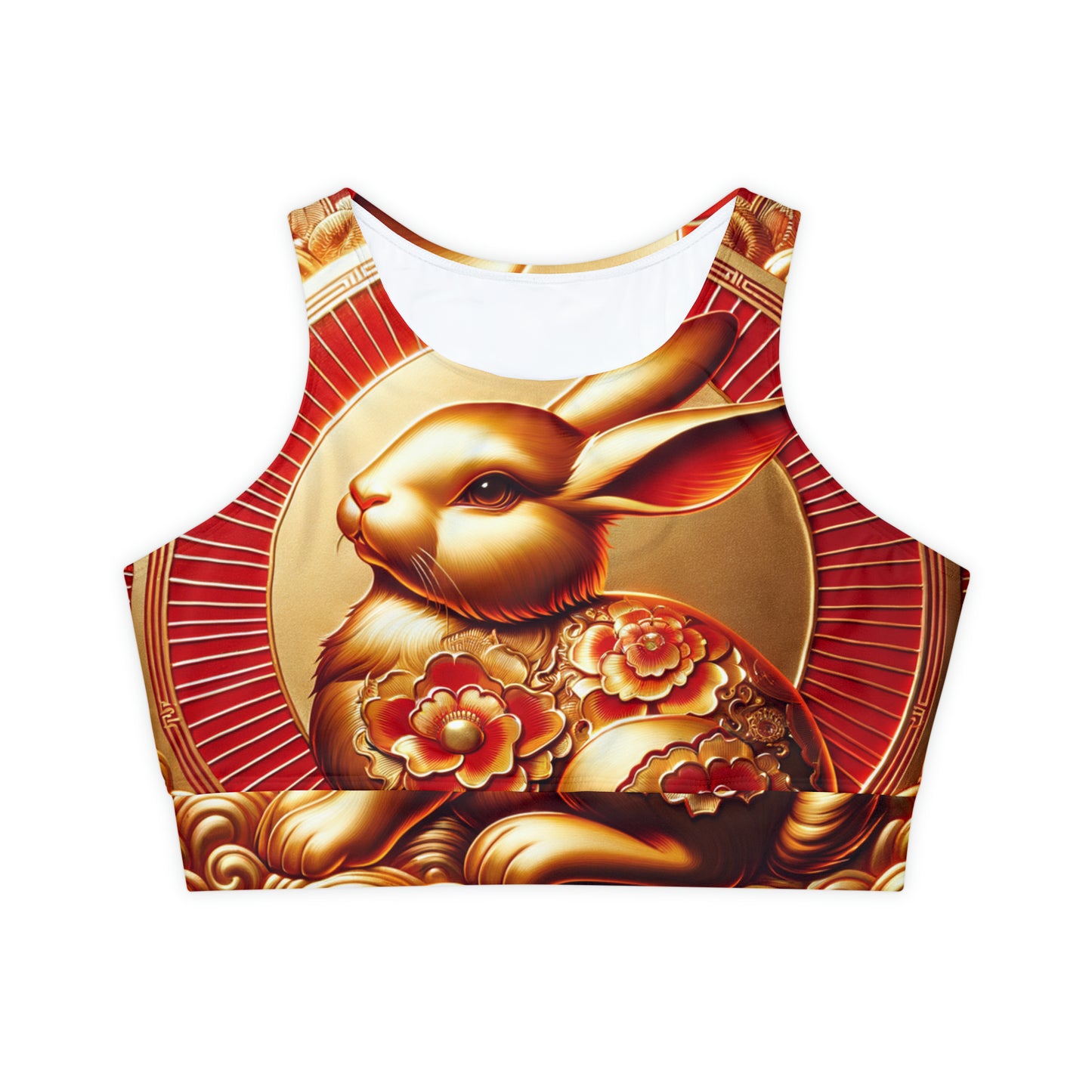 "Golden Blessings: Lunar Rabbit's Resplendence" - Lined & Padded Sports Bra