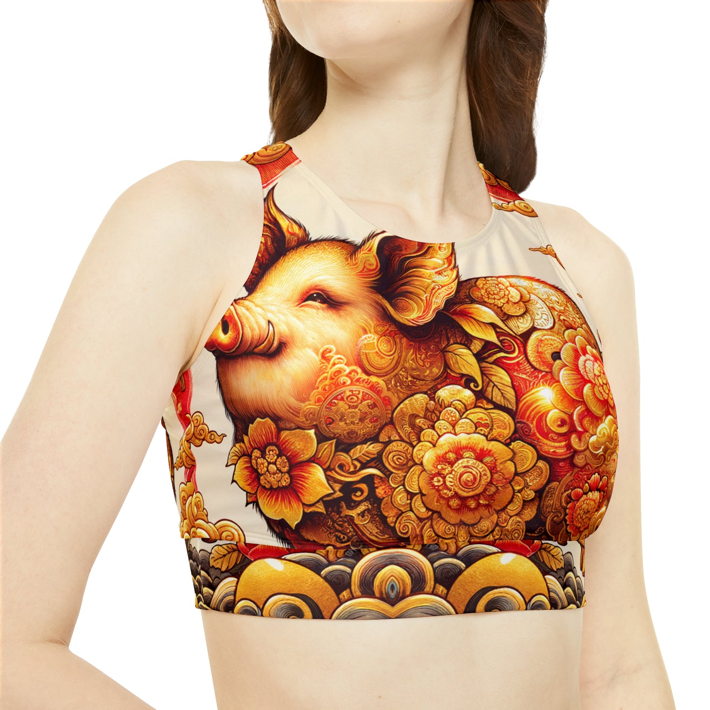 "Golden Prosperity: The Divine Boar Celebration" - High Neck Crop Top