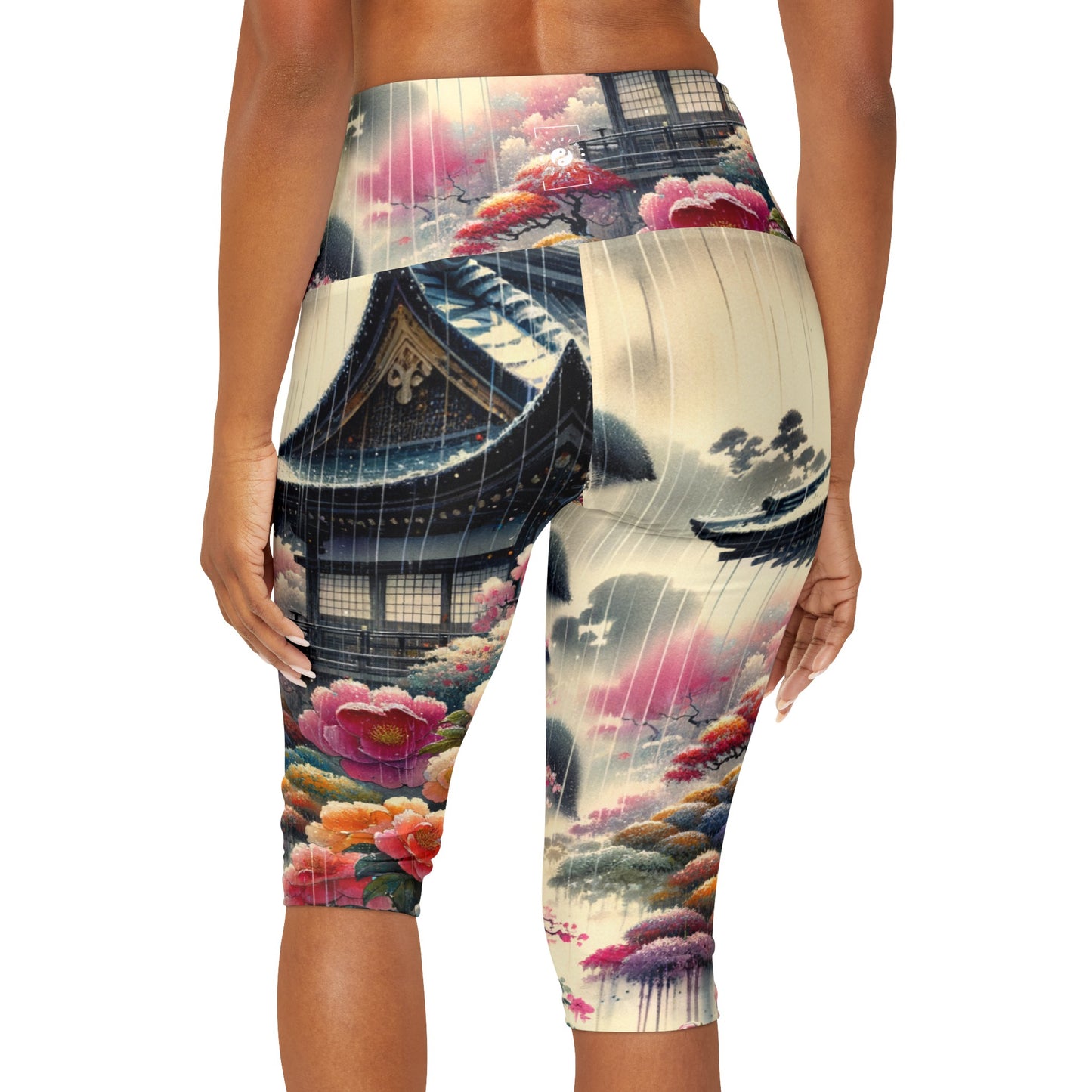 "Rain-drenched Sakura Spectrum" - High Waisted Capri Leggings