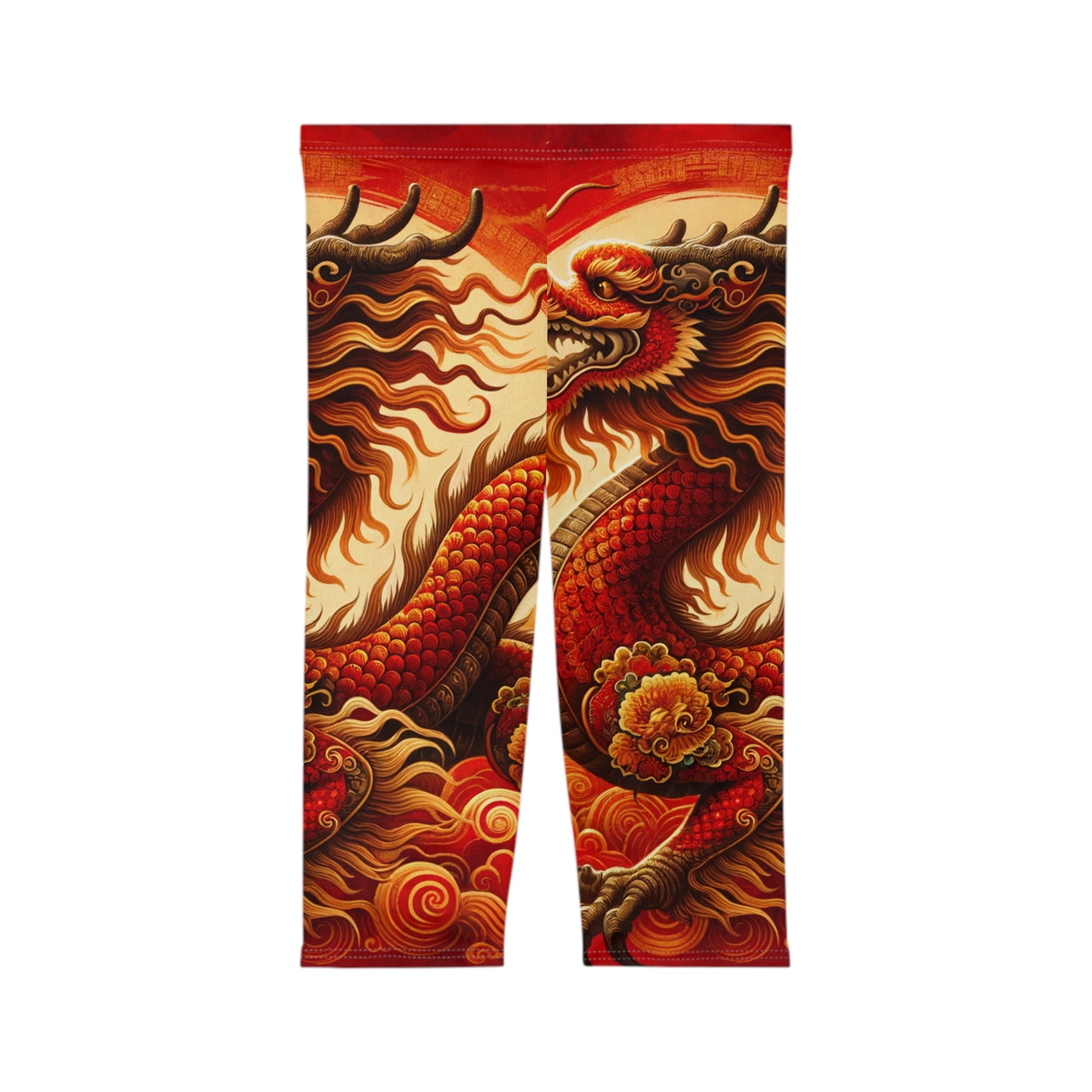 "Golden Dragon Dance in the Crimson Twilight" - Capri Shorts