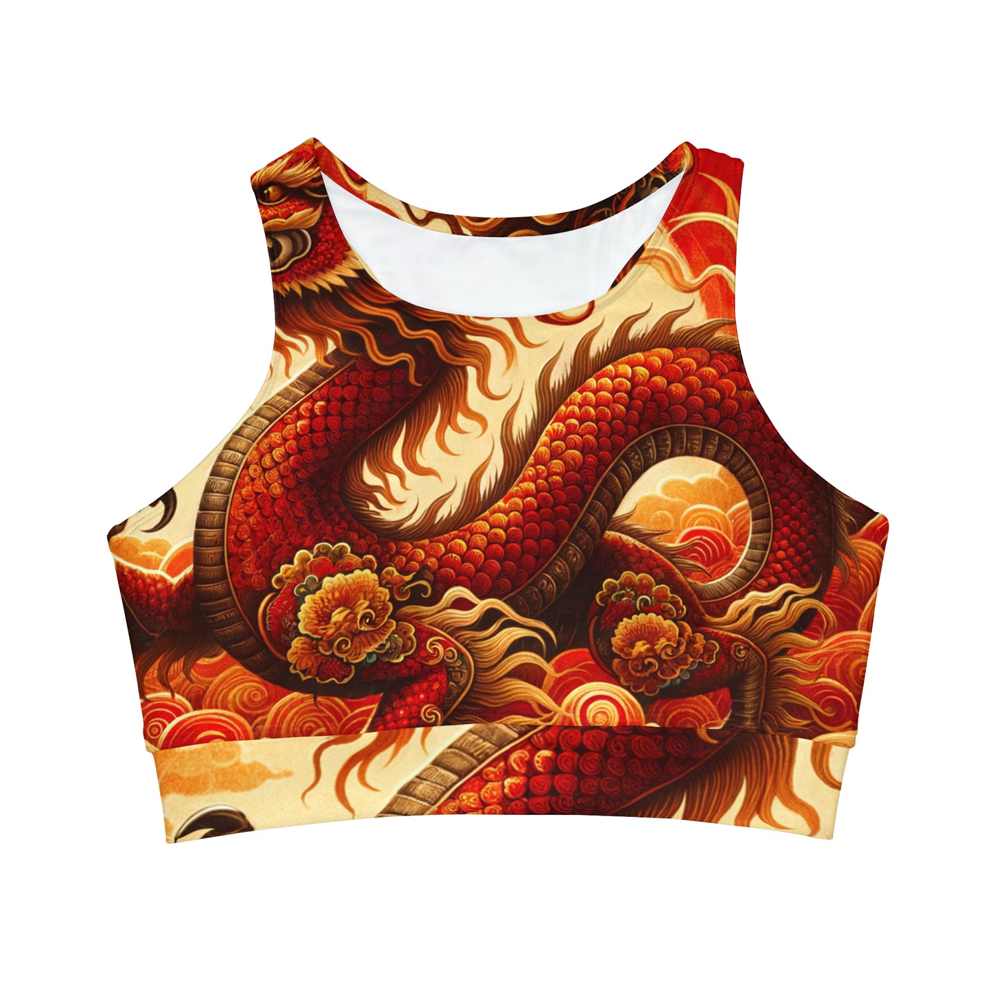 "Golden Dragon Dance in the Crimson Twilight" - High Neck Crop Top