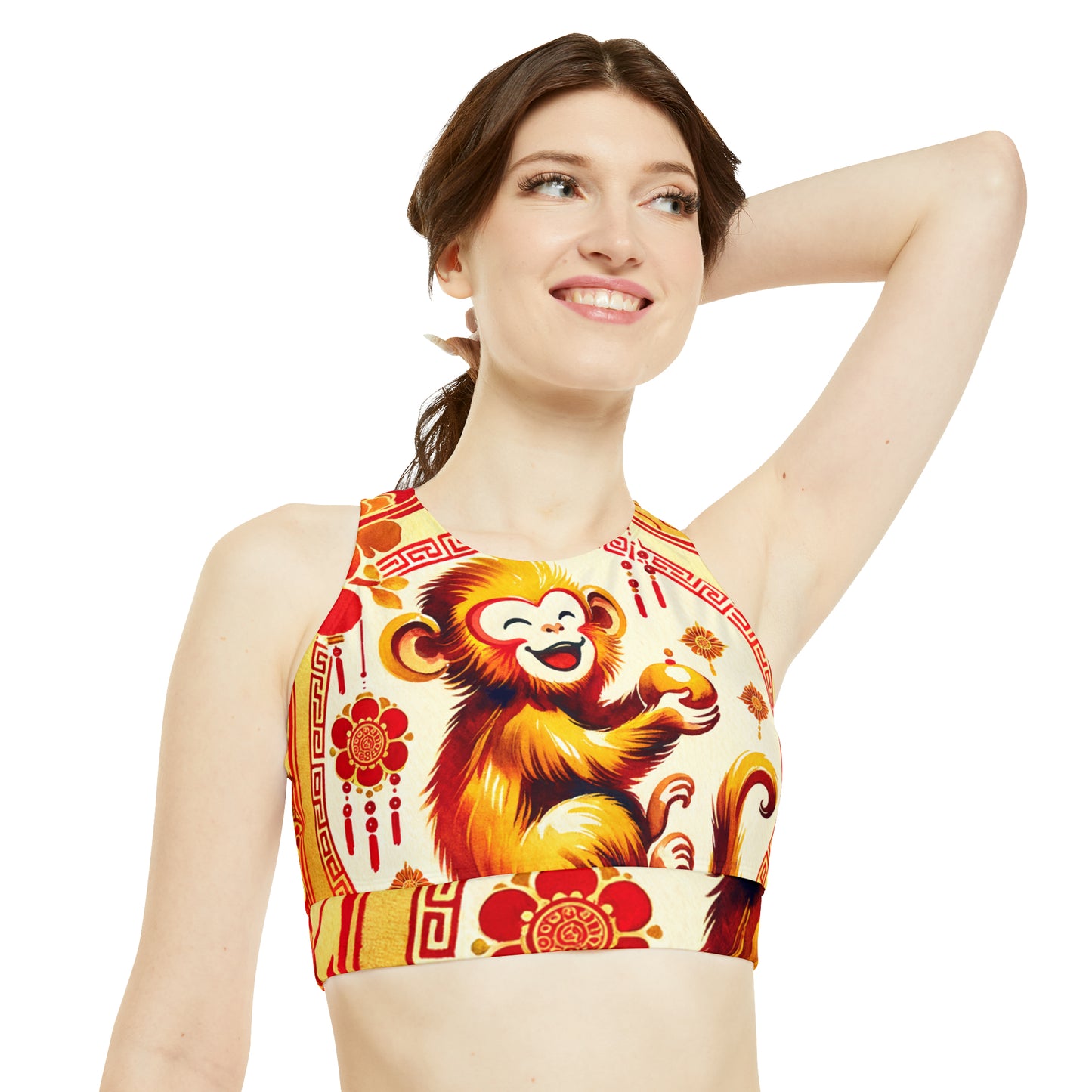 "Golden Simian Serenity in Scarlet Radiance" - High Neck Crop Top