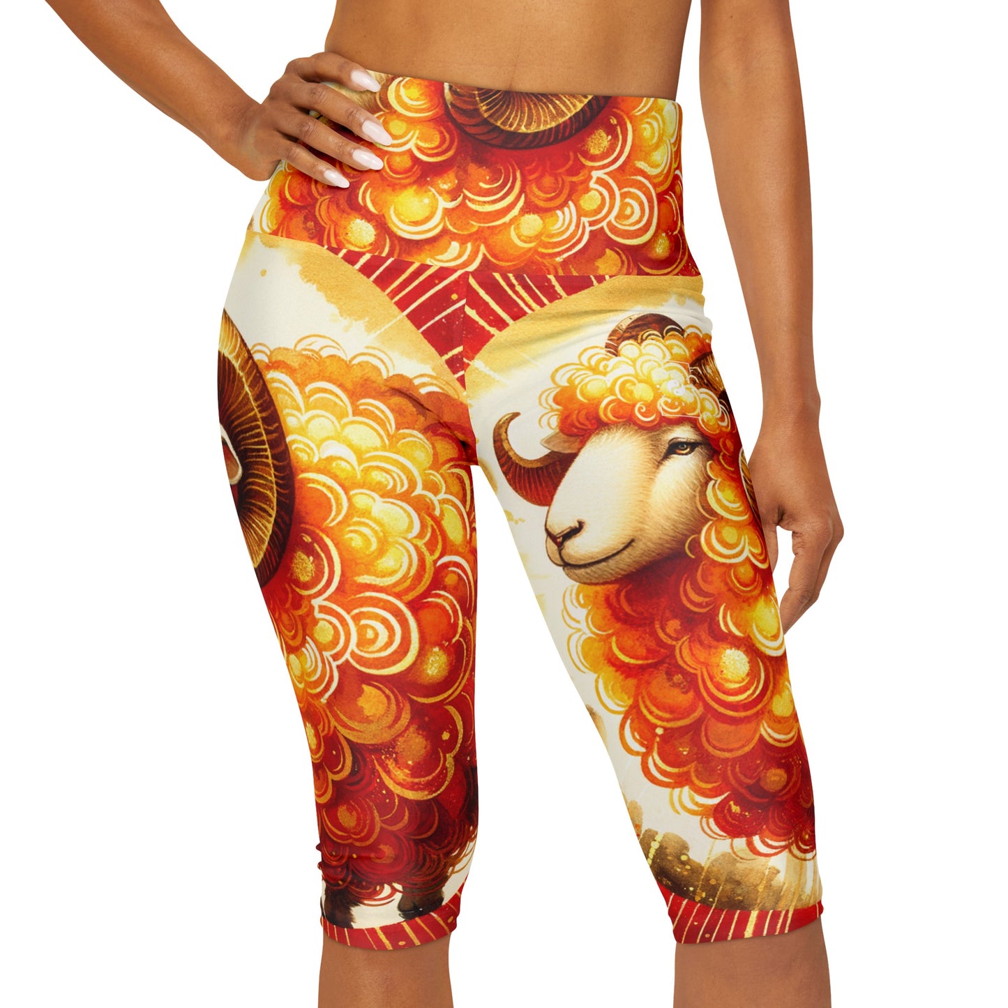 "Auspicious Gold of Divine Ewe: A Lunar New Year Revelry" - High Waisted Capri Leggings