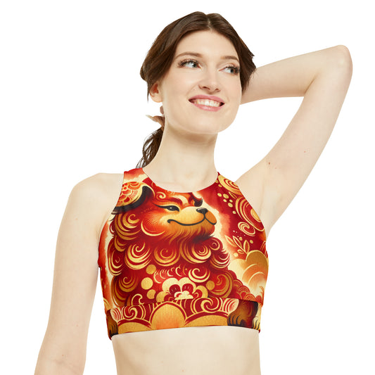 "Golden Canine Emissary on Crimson Tide: A Chinese New Year Odyssey" - High Neck Crop Top