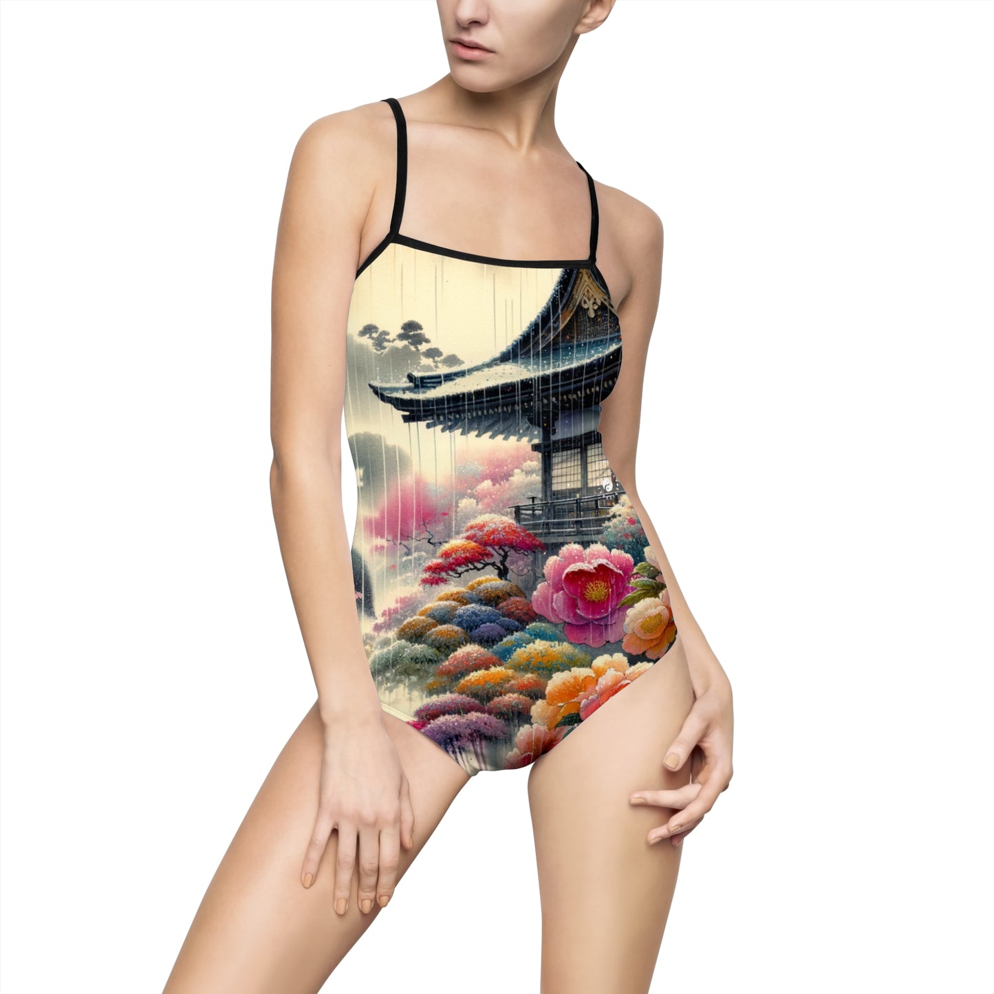 "Rain-drenched Sakura Spectrum" - Openback Swimsuit