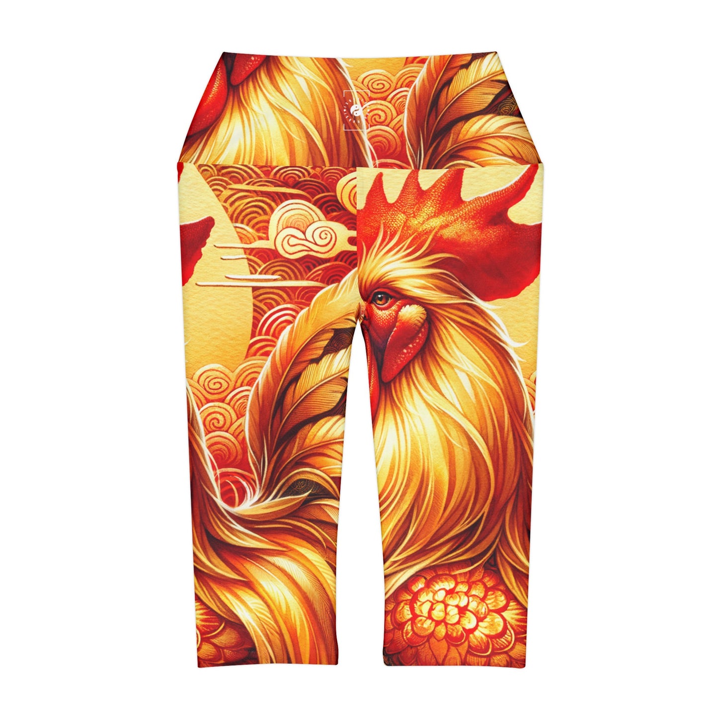 "Crimson Dawn: The Golden Rooster's Rebirth" - High Waisted Capri Leggings