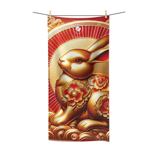 "Bénédictions dorées : la splendeur du lapin lunaire" - Serviette de yoga tout usage