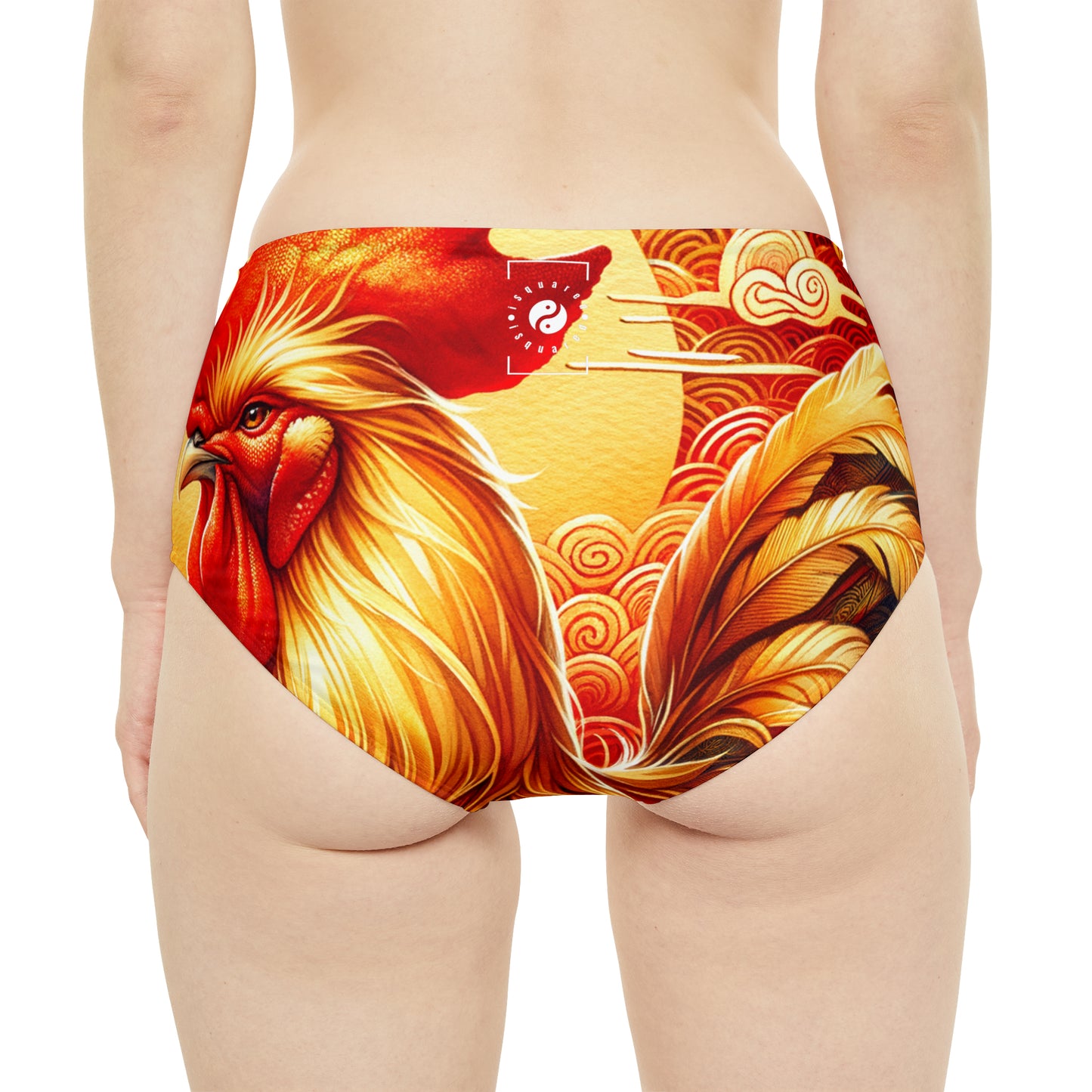 "Crimson Dawn: The Golden Rooster's Rebirth" - High Waisted Bikini Bottom